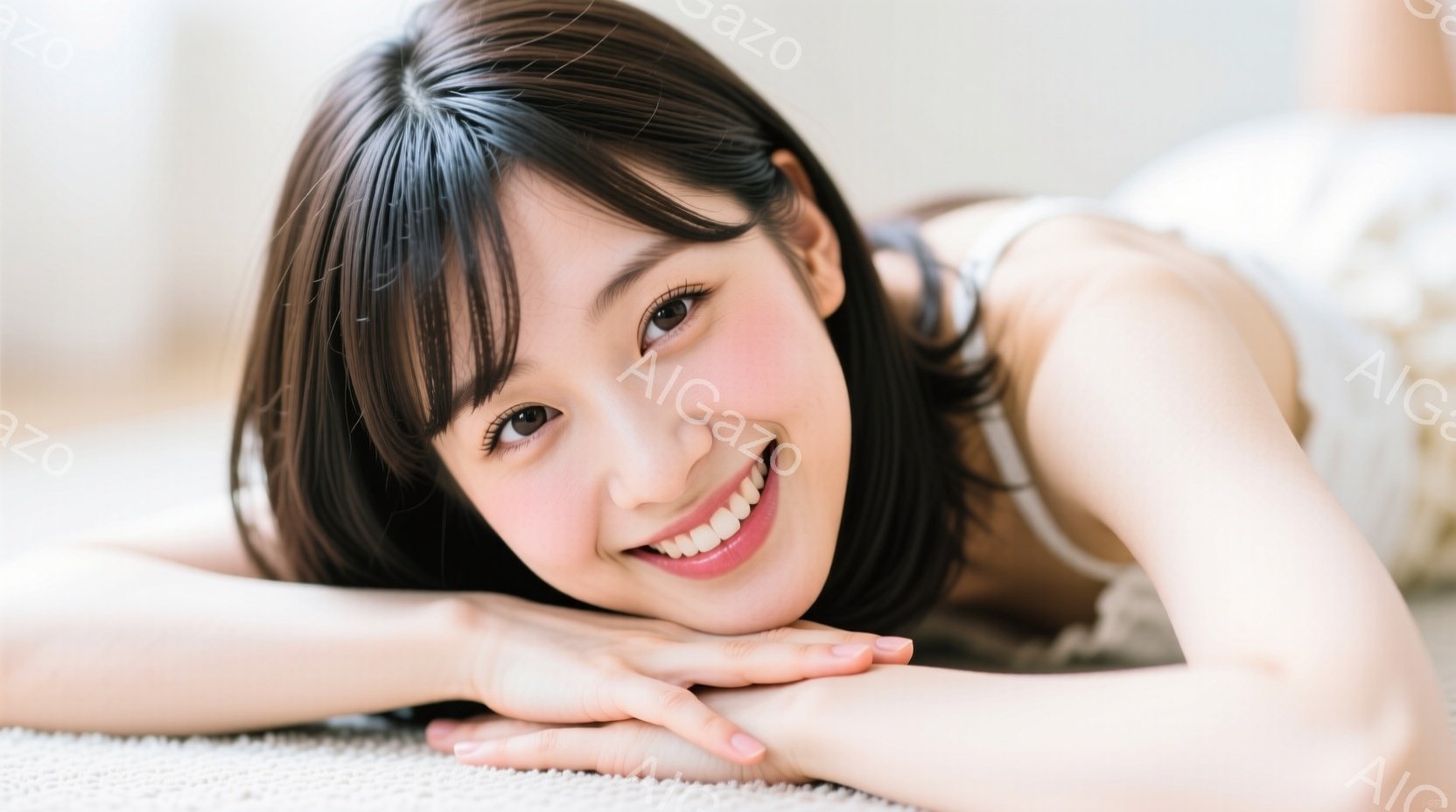 彼女は明るい笑顔でカメラを見つめており、茶色の長い髪は顔の周りに自然に広がっています。白いトップスを着て、床に寝そべり、両腕を前に伸ばして頬を支えています。背景はぼやけていますが、明るい室内で、リラッ - AI生成フリー素材