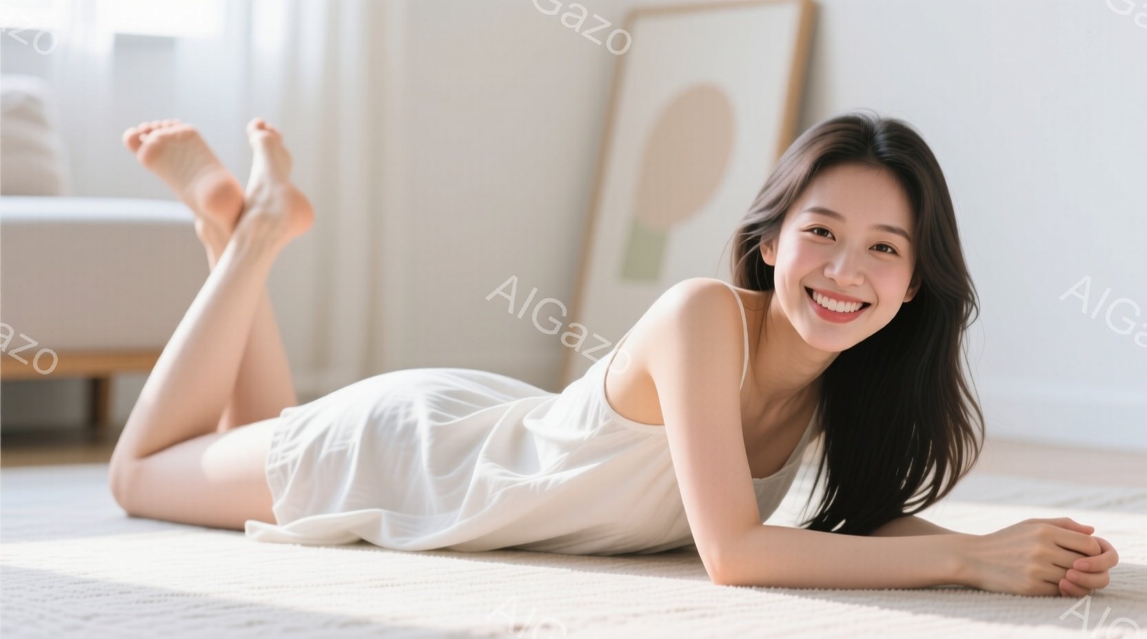 白いキャミソールドレスを着た女性が、明るい部屋の床に横たわっています。彼女は微笑んでおり、片足を曲げてリラックスした姿勢を見せています。背景には、シンプルな抽象画と柔らかな光が差し込む窓が見え、全体的 - AI生成フリー素材