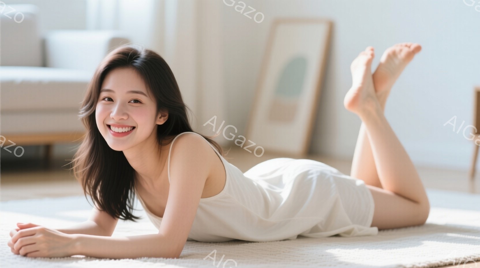 白いキャミソールドレスを着た女性が、明るい部屋の床に横たわっています。彼女は微笑んでおり、髪は自然なストレートヘアで肩にかかっています。背景にはベージュ色のラグと、抽象的な絵画が飾られた壁が見え、穏や - AI生成フリー素材