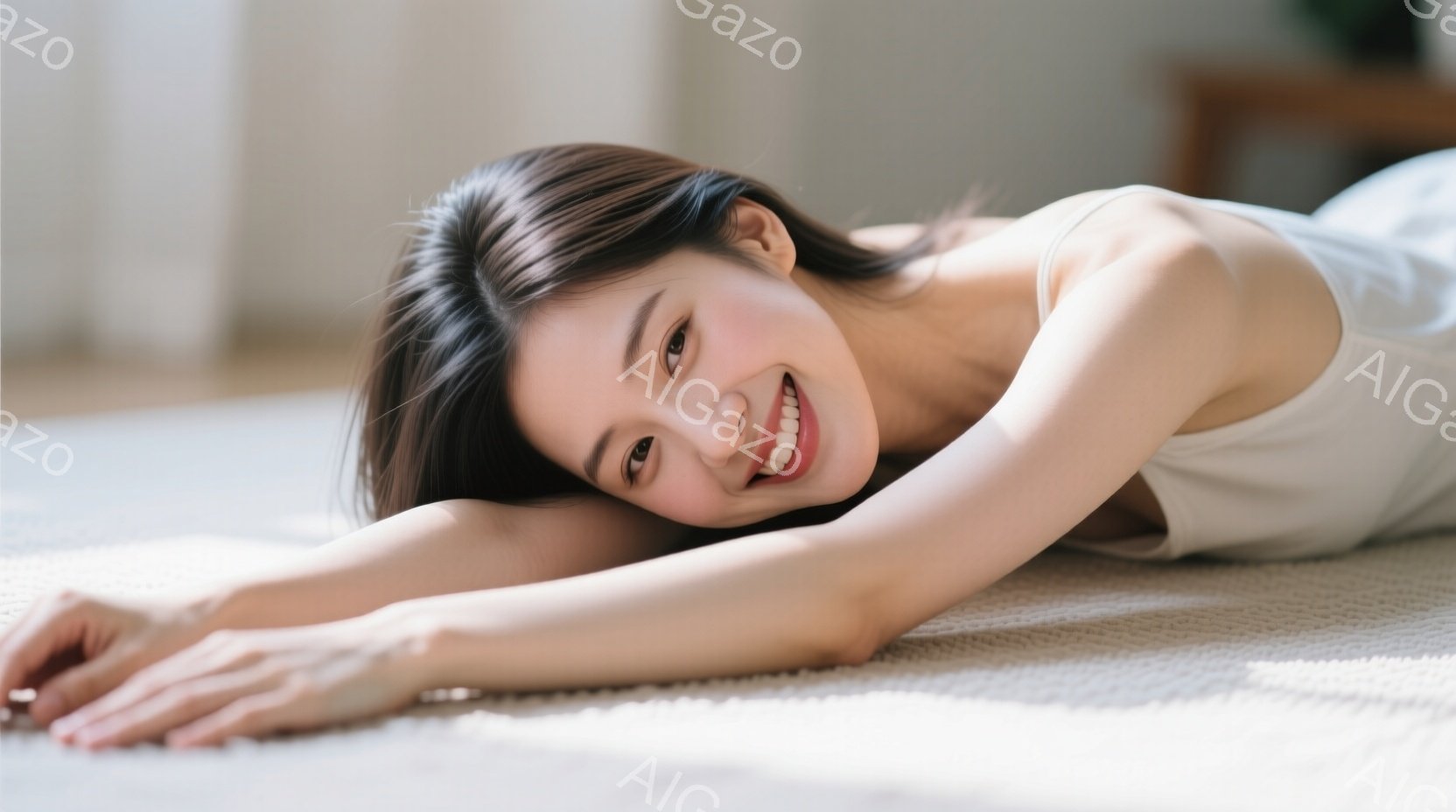 明るい室内で、女性がカーペットの上にうつ伏せになり、両腕を前に伸ばして微笑んでいます。彼女は白いタンクトップを着ており、長い黒髪が肩のあたりで広がっています。背景はぼやけていますが、明るい木製の家具が - AI生成フリー素材