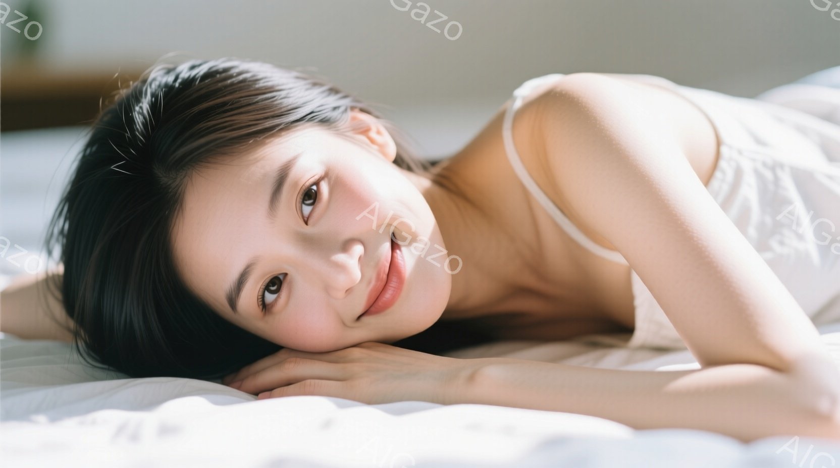 長い黒髪を広げ、白いキャミソールを着た女性がベッドに横たわっています。彼女は片手を頬にあて、リラックスした表情でカメラを見て微笑んでいます。背景は白く、柔らかい光が差し込み、穏やかで優しい雰囲気を醸し - AI生成フリー素材