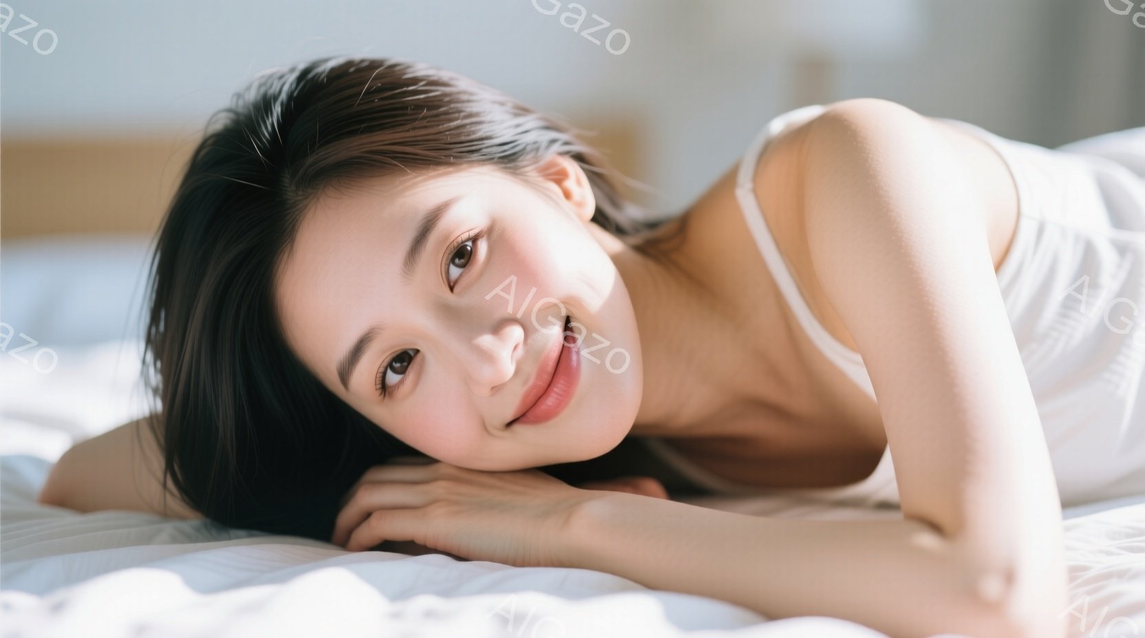 黒髪の女性が白いベッドに横たわり、頬を組んでカメラ目線で微笑んでいます。白いタンクトップを着ており、リラックスした雰囲気です。背景は白く、柔らかい光が差し込んでおり、穏やかな印象を与えます。 - AI生成フリー素材