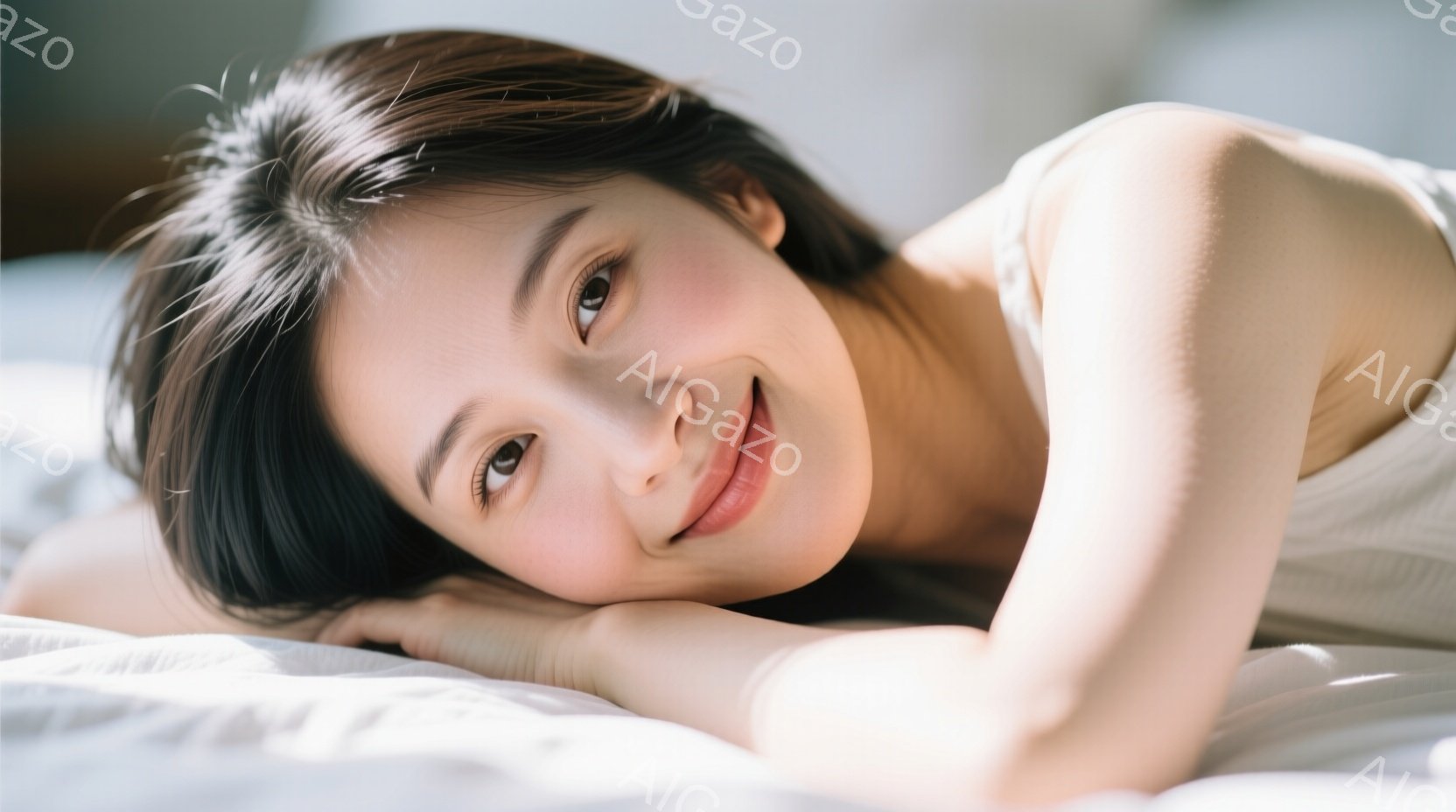 彼女は白いトップスを着て、片手を頬に当て、横向きにベッドに寝そべっています。 彼女の黒髪は肩にかかり、穏やかな笑顔でカメラを見つめています。 背景はぼやけていますが、白いシーツが敷かれたベッドルームの - AI生成フリー素材