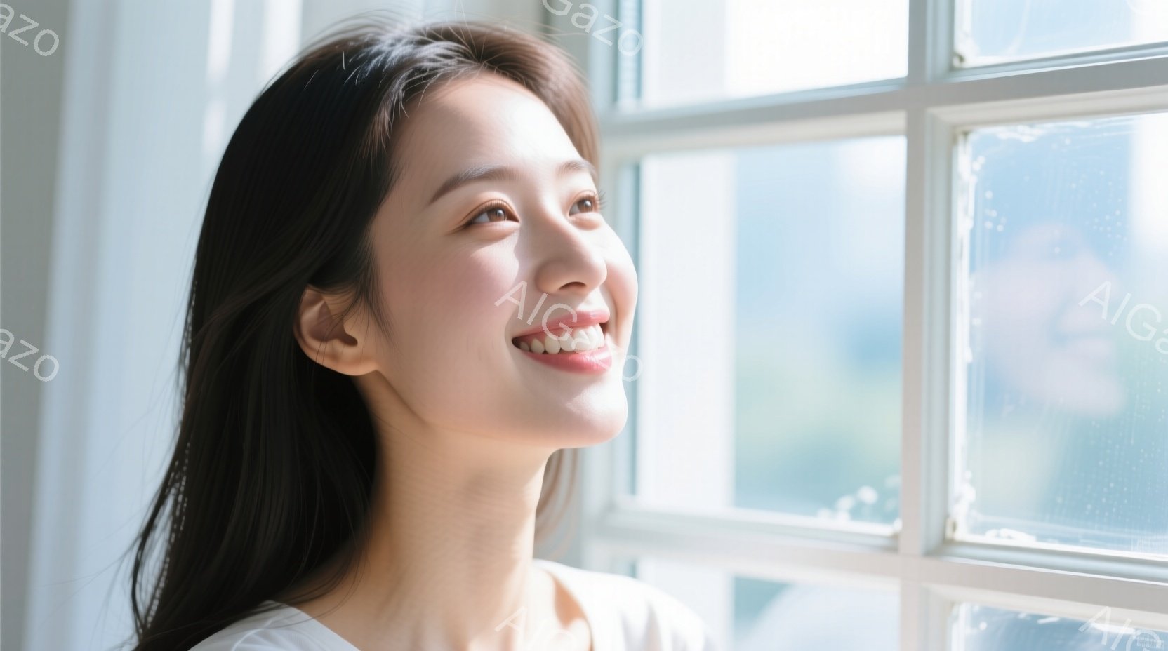 長い黒髪の女性が、窓から差し込む光を見上げ、微笑んでいます。白いトップスを着ており、リラックスした雰囲気で、穏やかな表情が印象的です。背景にはぼやけた窓枠と外の光が見え、明るく優しい雰囲気を醸し出して - AI生成フリー素材