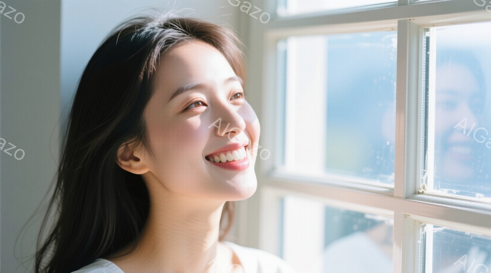 長い黒髪の女性が窓辺で上を見ている。白いトップスを着ており、満面の笑顔を浮かべている。背景には格子状の窓と、ぼやけた外の景色が見え、明るく穏やかな雰囲気を醸し出している。