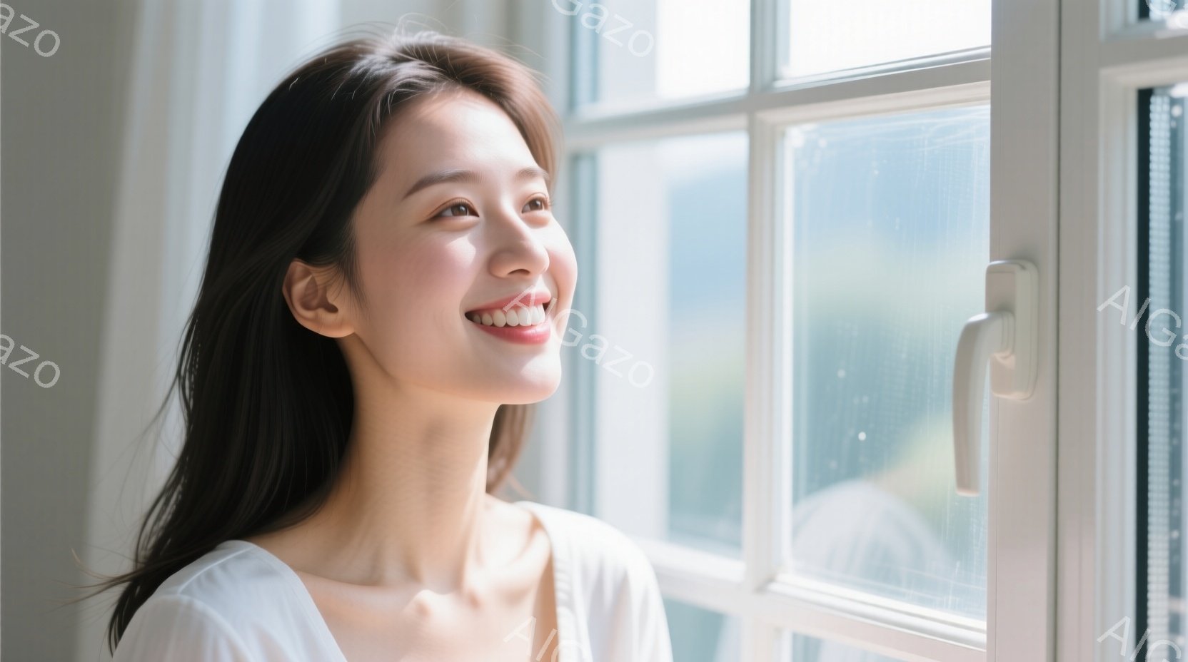 長い黒髪の女性が、白いブラウスを着て窓の外を見ている。彼女は微笑んでおり、顔には明るい表情が浮かんでいる。窓の外にはぼやけた風景が見え、全体的に穏やかで優しい雰囲気である。 - AI生成フリー素材