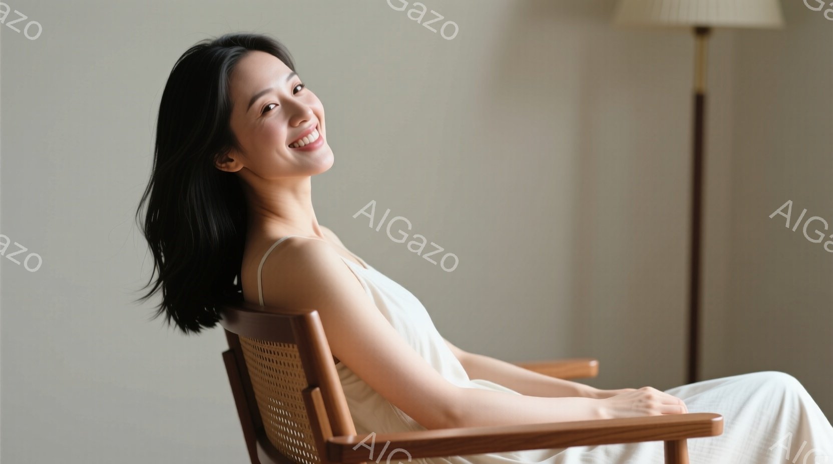 長い黒髪の女性が、背もたれの低い木製の椅子に座って微笑んでいます。彼女は白いストラップレスのドレスを着ており、リラックスした雰囲気です。背景は淡い色の壁と背の高いフロアランプで、全体的に穏やかで洗練さ - AI生成フリー素材