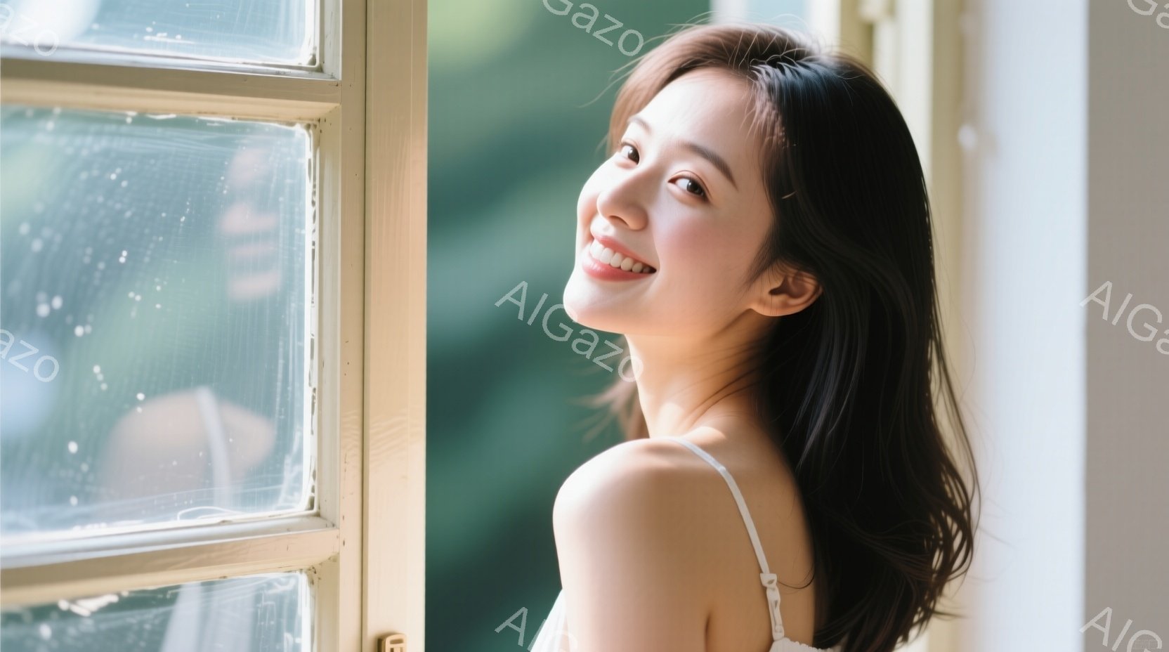長い黒髪を肩にかけた女性が、微笑みを浮かべてカメラを見つめている。白いキャミソールを着ており、背景にはぼやけた木々と光が差し込む窓枠が見える。全体的に、柔らかく温かい雰囲気で、自然光が彼女の美しさを引 - AI生成フリー素材