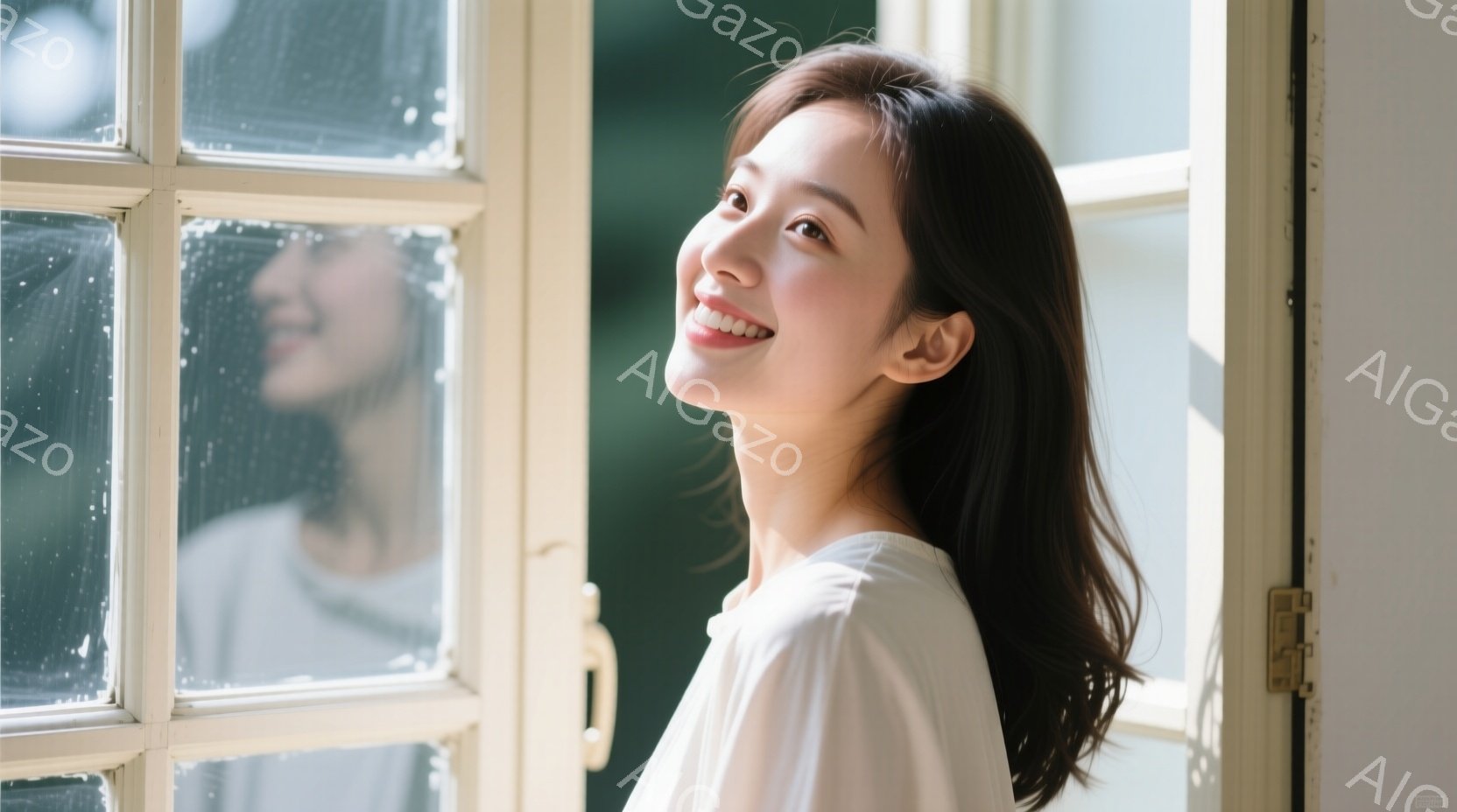 長い黒髪を耳にかける若い女性が、白いブラウスを着て窓辺に立っている。彼女は顔を少し上げ、穏やかな笑顔を浮かべている。窓枠は白く、背景にはぼやけた緑が見え、柔らかく明るい雰囲気を醸し出している。 - AI生成フリー素材
