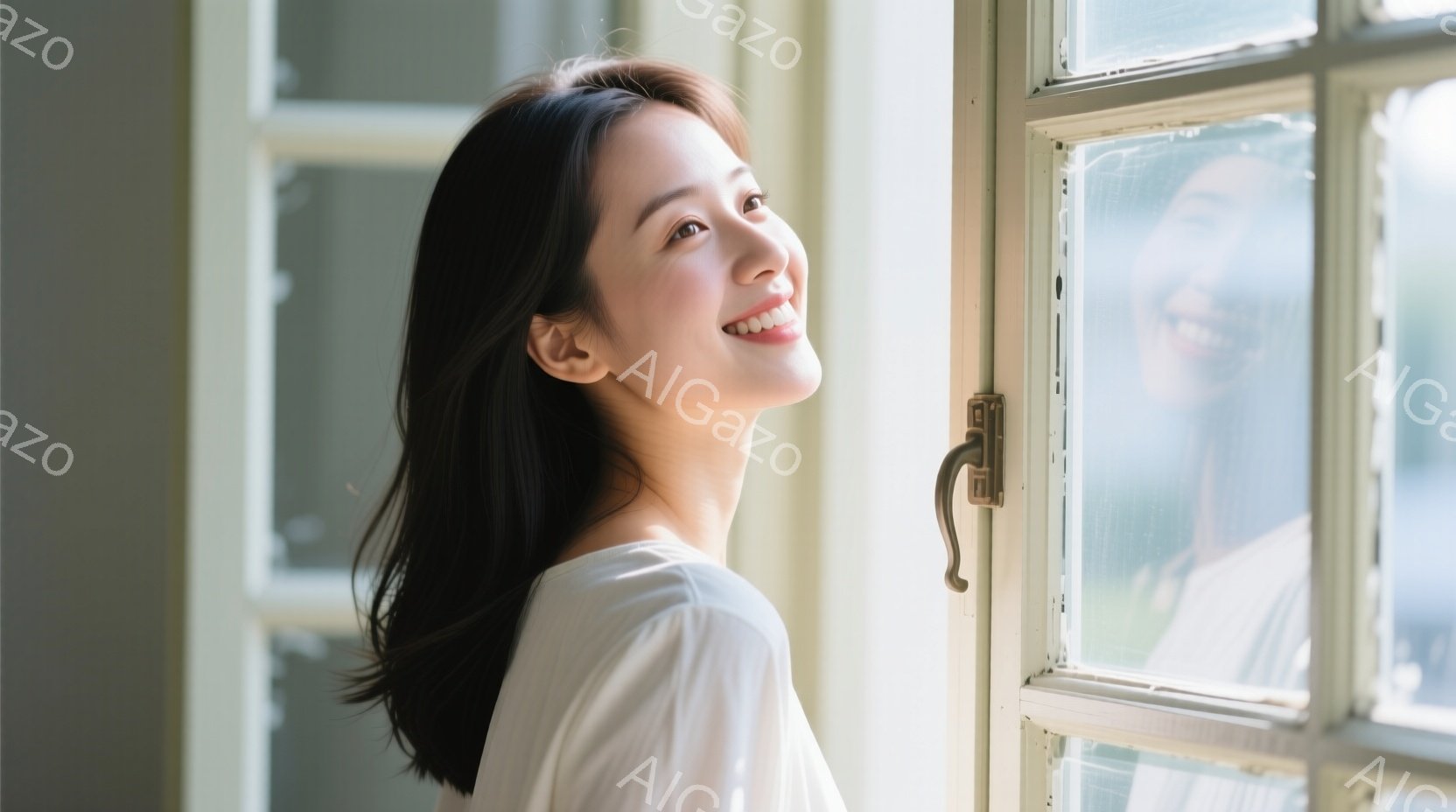 長い黒髪の女性が、白いシャツを着て窓辺に立っている。彼女は顔を少し上げ、微笑んでおり、穏やかで幸せな表情をしている。窓の外にはぼやけた景色が見え、全体的に柔らかく、明るい雰囲気を醸し出している。 - AI生成フリー素材