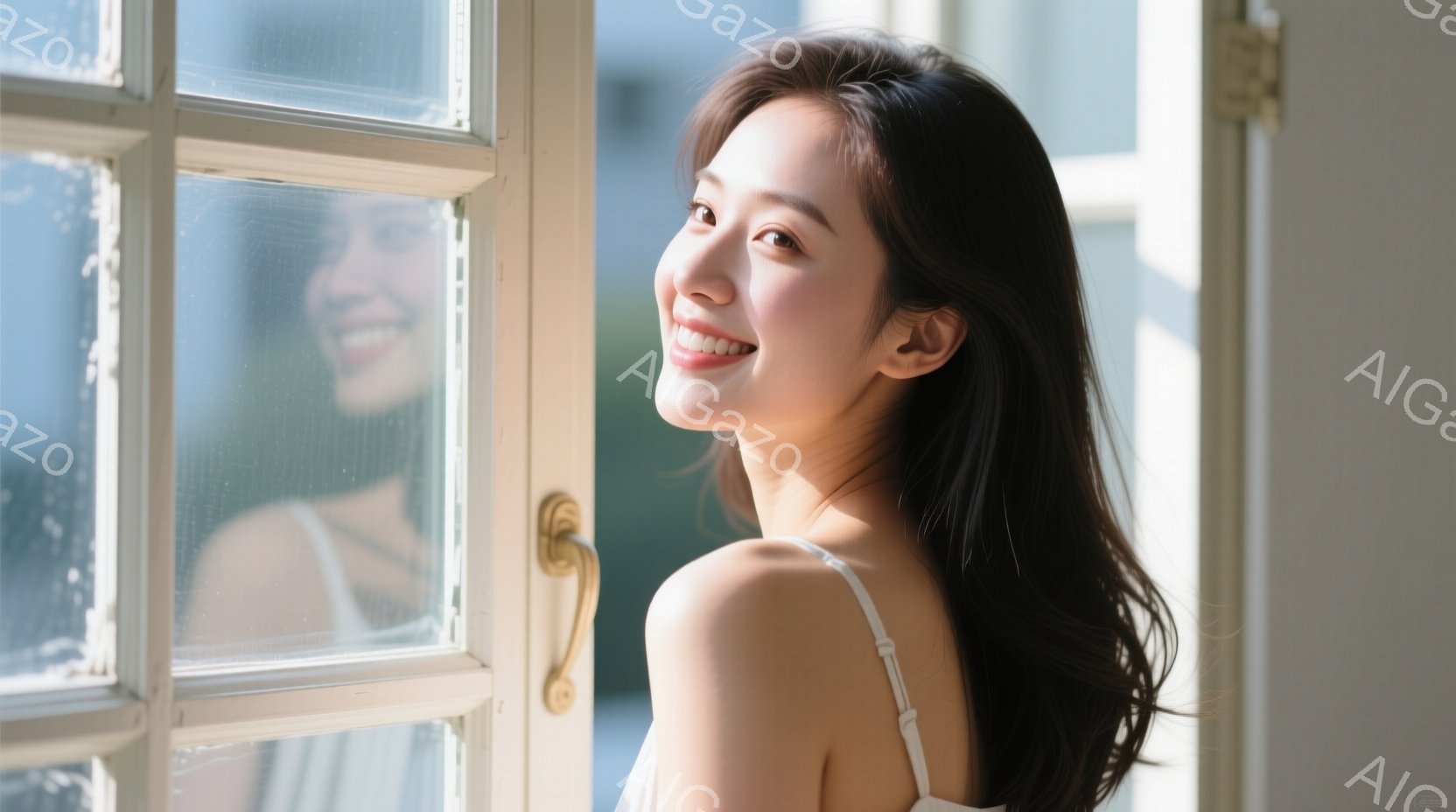 長い黒髪の女性が白いキャミソールを着て、微笑んでいます。彼女はわずかに横を向いており、背景にはぼやけた窓枠と、おそらく屋外の風景が見えます。 全体的に、明るく、リラックスした雰囲気が漂っています。 - AI生成フリー素材