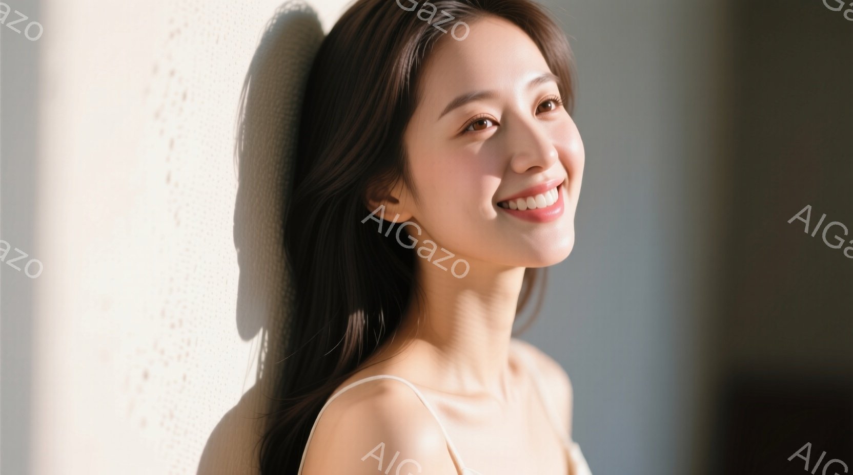 長い黒髪を後ろに流した女性が、白い壁を背景に微笑んでいます。彼女はオフショルダーの白いトップスを着ており、顔には明るい笑顔が広がっています。柔らかい光が彼女を照らし、リラックスした穏やかな雰囲気を醸し - AI生成フリー素材