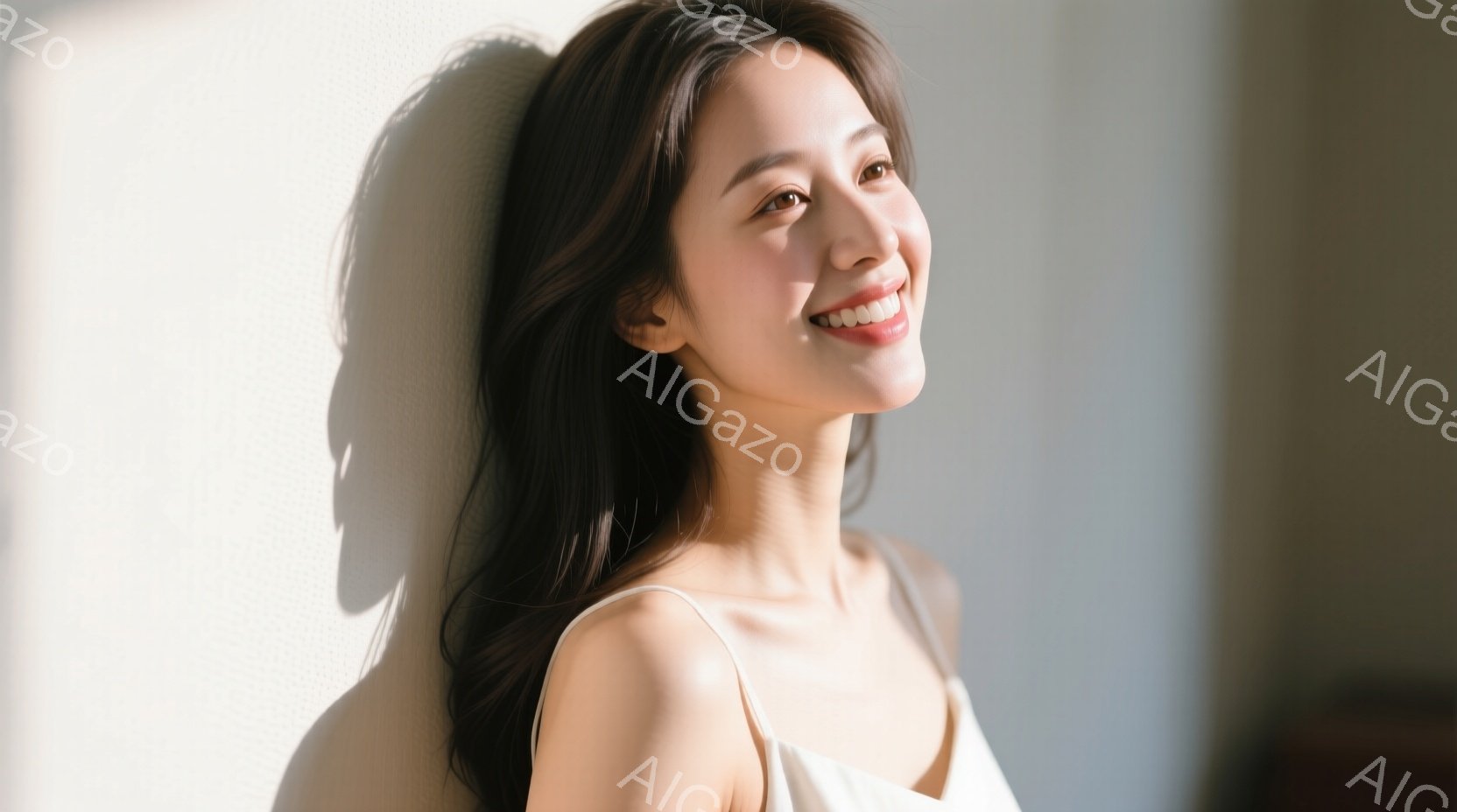 長い黒髪をセンターパートにした女性が、白いトップスを着て壁に寄りかかっています。彼女は微笑みを浮かべ、視線は少し上を向いており、リラックスした雰囲気が漂います。背景は白く、光が柔らかく差し込んでおり、 - AI生成フリー素材