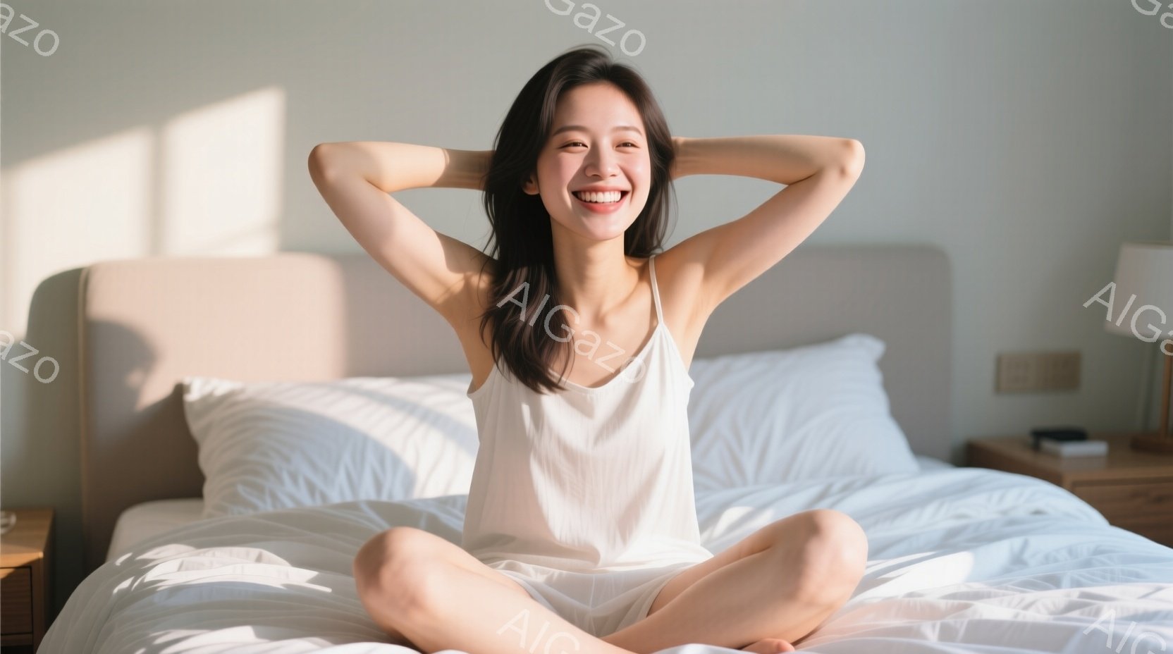 白いキャミソールを着た女性がベッドに座って微笑んでいます。彼女は両手を頭の後ろで組み、リラックスした姿勢を見せています。背景には白いシーツが敷かれたベッドと、柔らかな光が差し込む室内が写っており、全体 - AI生成フリー素材