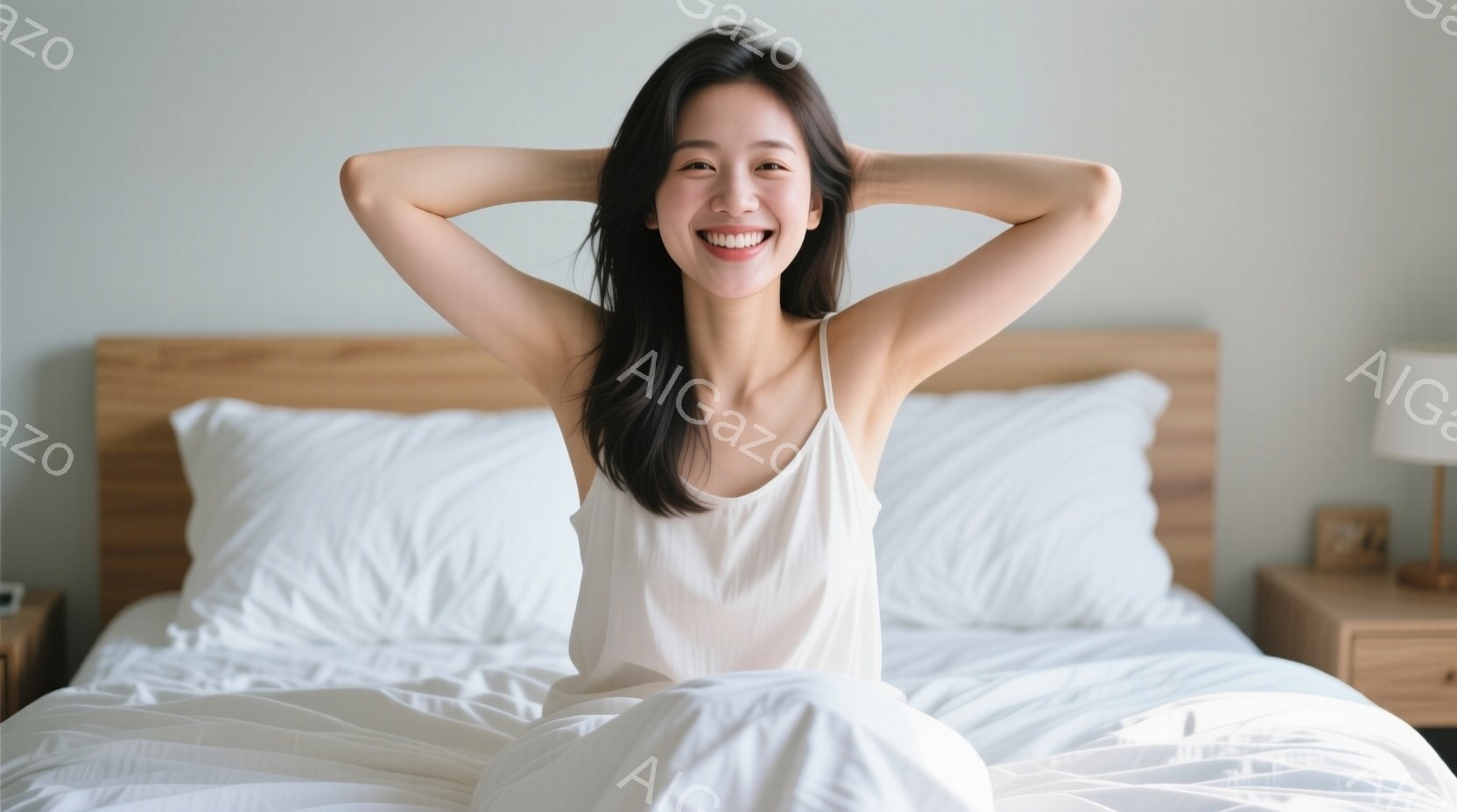 長い黒髪の女性が白いタンクトップを着てベッドに座っており、両手を頭の後ろで組んで笑顔を見せています。ベッドは白いシーツで覆われ、背景には木製のナイトスタンドと柔らかな光が差し込む窓が見えます。全体的に - AI生成フリー素材