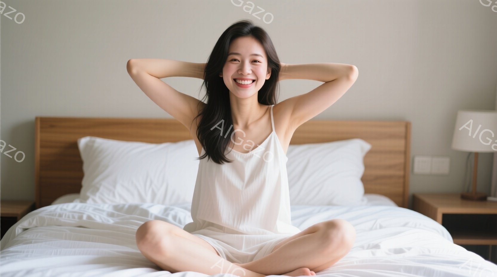 白いキャミソールとショートパンツ姿の女性が、ベッドに座って両手を頭の後ろで組んでいます。彼女は満面の笑みを浮かべ、リラックスした表情をしています。背景には白い枕と木製のヘッドボードがあり、部屋全体が明るく清潔な印象を与えています。