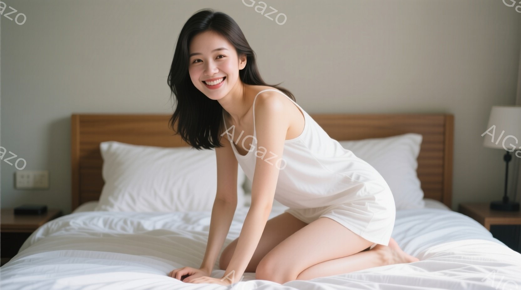 白いキャミソールとショーツ姿の女性がベッドの上にひざまずいて座っており、明るい笑顔を浮かべている。彼女は長い黒髪で、リラックスした雰囲気でカメラを見つめている。背景はシンプルなベッドルームで、白い寝具 - AI生成フリー素材