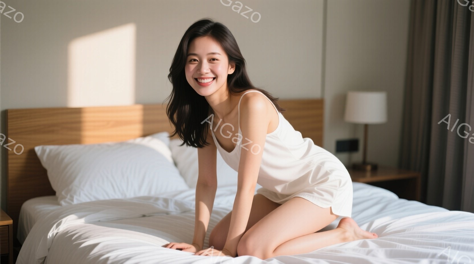 明るいベッドの上に女性が座っており、白いシンプルなパジャマを着ています。彼女は微笑んでおり、長く黒い髪は自然に肩にかかっています。背景には木製のヘッドボードとサイドテーブルがあり、部屋全体は暖かく、リラックスした雰囲気が漂っています。