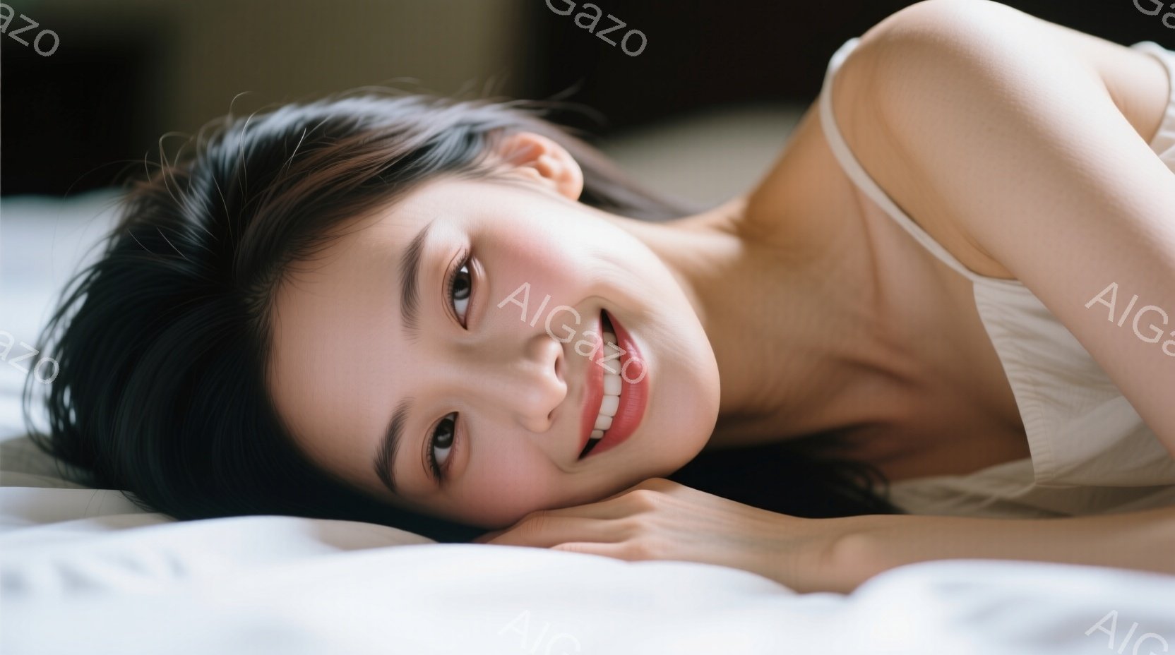 黒髪の女性が白いベッドに横たわっており、微笑んでいます。彼女は白いトップスを着ており、髪は肩にかかる長さで、顔の横に流れています。背景はぼやけていますが、室内であることがわかります。 - AI生成フリー素材