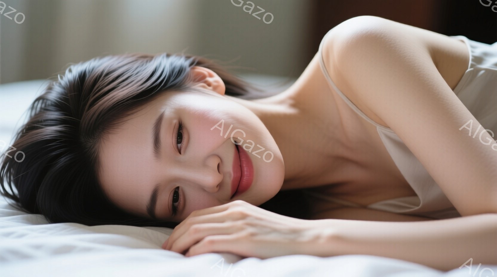 長い黒髪の女性が白いベッドに横たわり、片手を頬に当てて微笑んでいます。彼女は薄いピンク色のリップと控えめなアイメイクをしており、リラックスした表情をしています。背景はぼやけていますが、明るい室内である - AI生成フリー素材