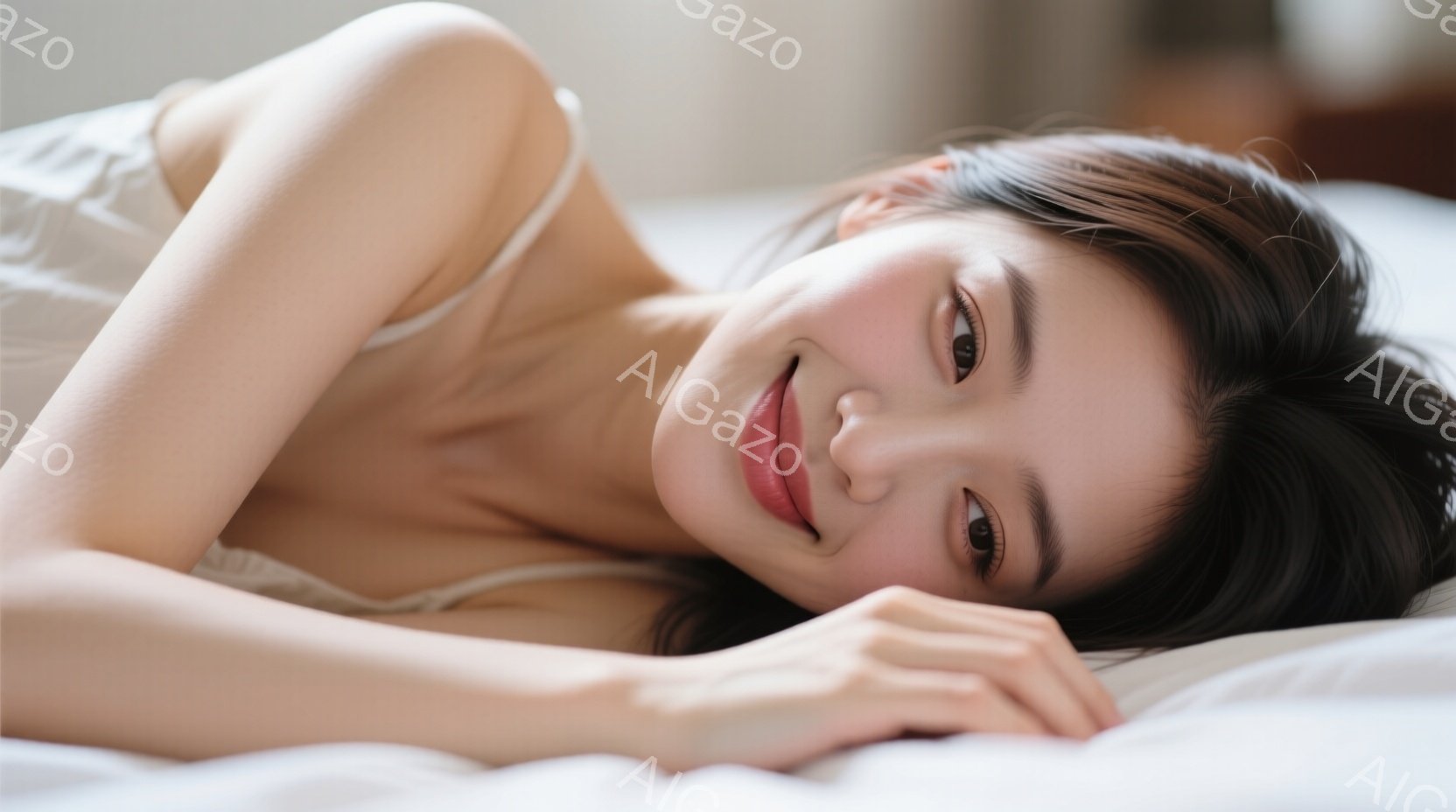 画像には、白いベッドに横たわる若い女性が写っています。彼女は肩出しの白いトップスを着ており、暗い髪は緩やかにウェーブがかかっています。女性はカメラに向かって微笑んでおり、リラックスした穏やかな表情をし - AI生成フリー素材