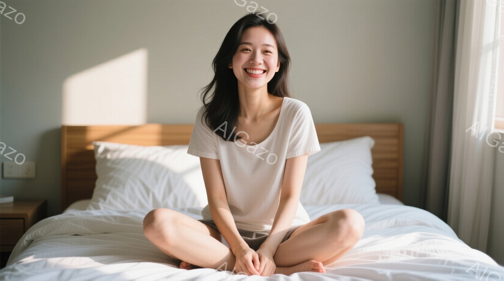 白いTシャツとグレーのショートパンツを着た女性が、白いベッドの上に座って微笑んでいます。彼女は足を組んで座っており、髪は肩にかかる長さで、自然なストレートヘアです。背景はシンプルな寝室で、柔らかい光が - AI生成フリー素材