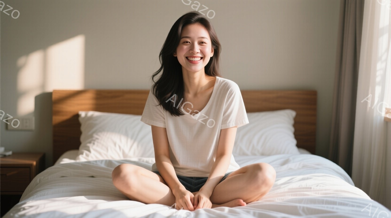 白いTシャツと短いズボンを身につけた若い女性が、白いベッドの上に座って微笑んでいます。彼女は足を組み、リラックスした姿勢でカメラに向かって笑顔を見せています。背景には木製のヘッドボードと、薄暗い室内が - AI生成フリー素材