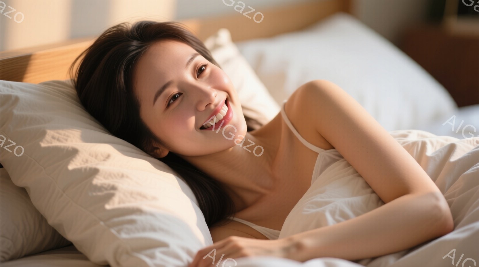 長い黒髪をほどこし、白いキャミソールを着た女性がベッドに横たわっています。顔には笑顔が浮かび、カメラに向かって視線を送っています。背景は白いベッドシーツと枕で、柔らかく暖かい雰囲気です。 - AI生成フリー素材