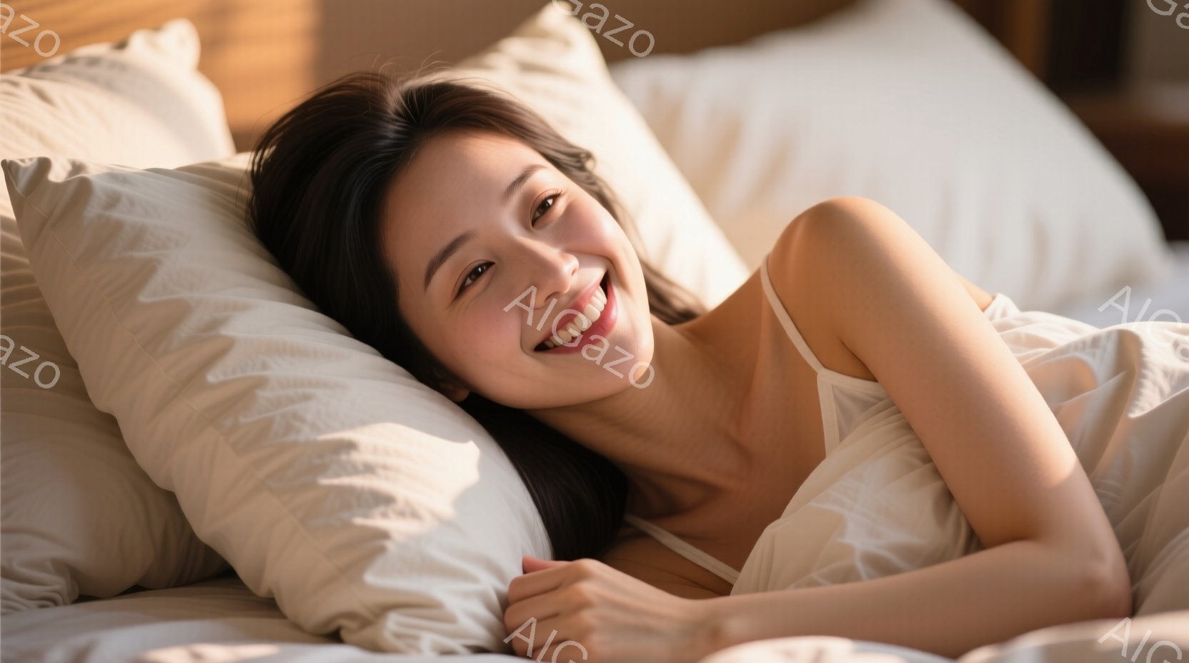 ベッドの上で横たわる若い女性が写っている。彼女は白いキャミソールを着ており、長い髪は自然に広がっている。微笑みを浮かべ、リラックスした雰囲気で、背景はぼやけているが、明るく穏やかな光が差し込んでいる。 - AI生成フリー素材