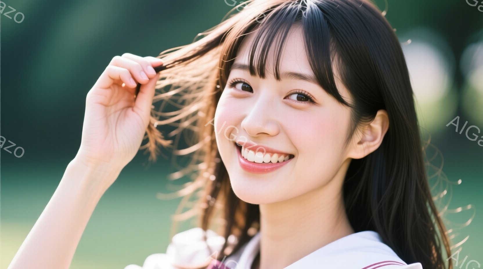 長い黒髪の女性が、微笑みを浮かべて正面を見つめています。彼女は白い襟のついた制服のような服装をしており、片手で髪を軽く掴んでいます。背景は緑色のぼやけた自然で、柔らかい光が全体を包み込み、明るく穏やか - AI生成フリー素材