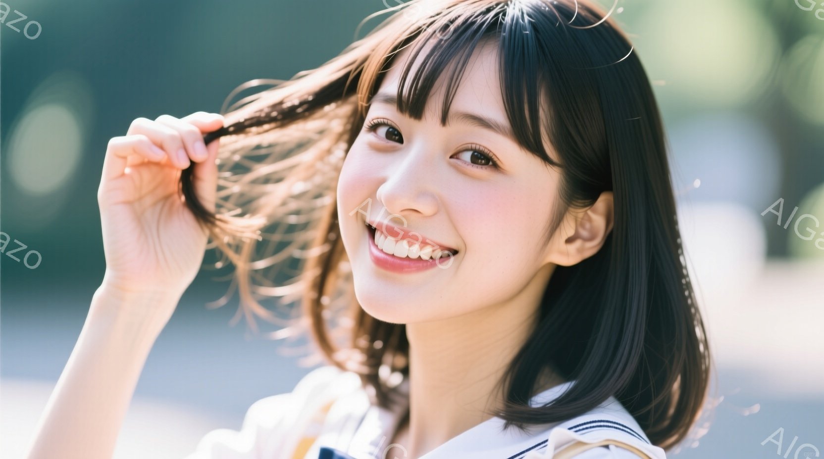 画像は、ショートヘアで笑顔の若い女性を捉えています。彼女は白いセーラーカラーのシャツを着ており、髪の毛を指で少しつまんで楽しそうにしています。背景は緑豊かな自然で、晴れた日の柔らかい光が彼女を照らし、 - AI生成フリー素材