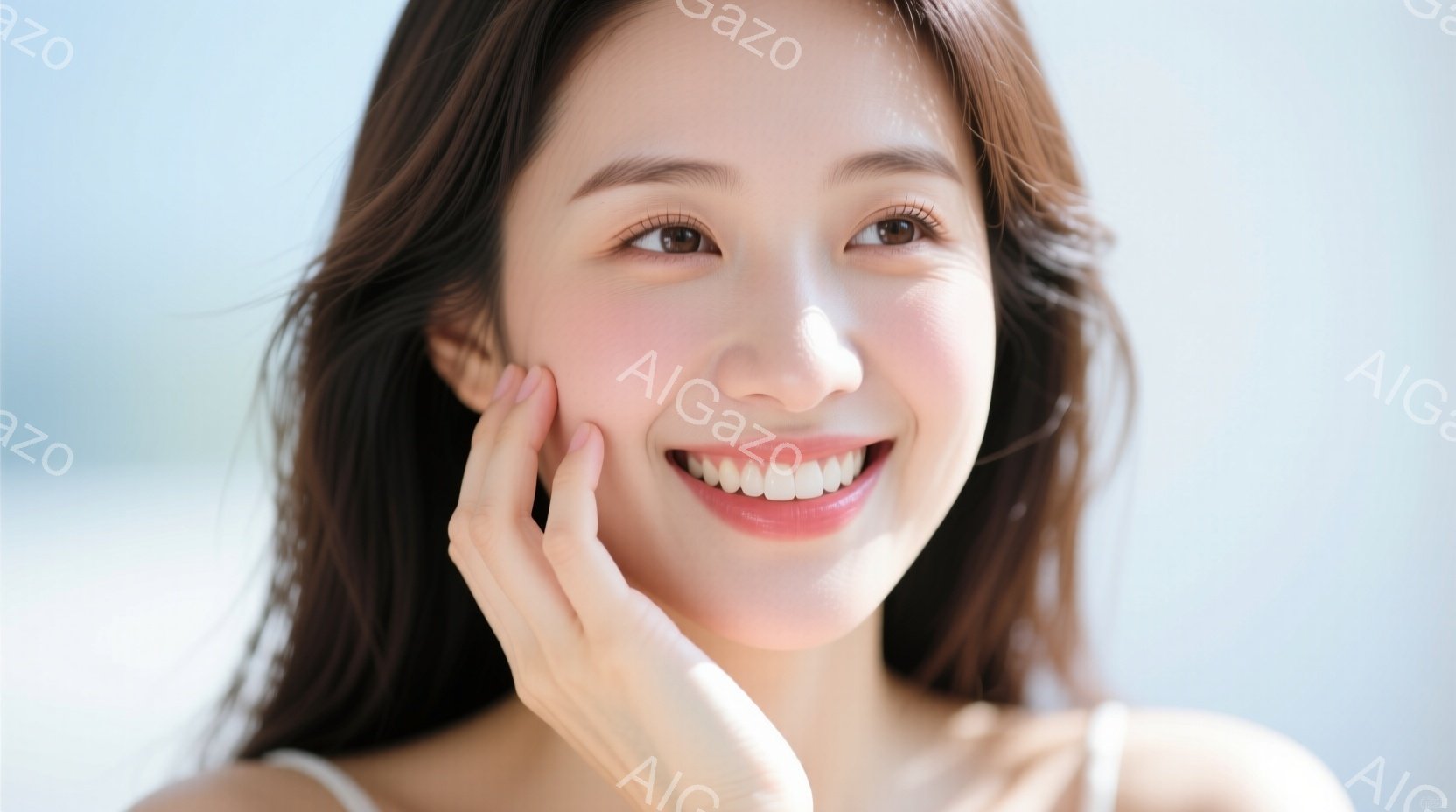 明るい笑顔を見せる若い女性が写っています。彼女は肩を少し傾け、片手を頬に当てています。背景はぼやけており、おそらく屋外で、穏やかな日差しが差し込んでいるように見えます。 - AI生成フリー素材