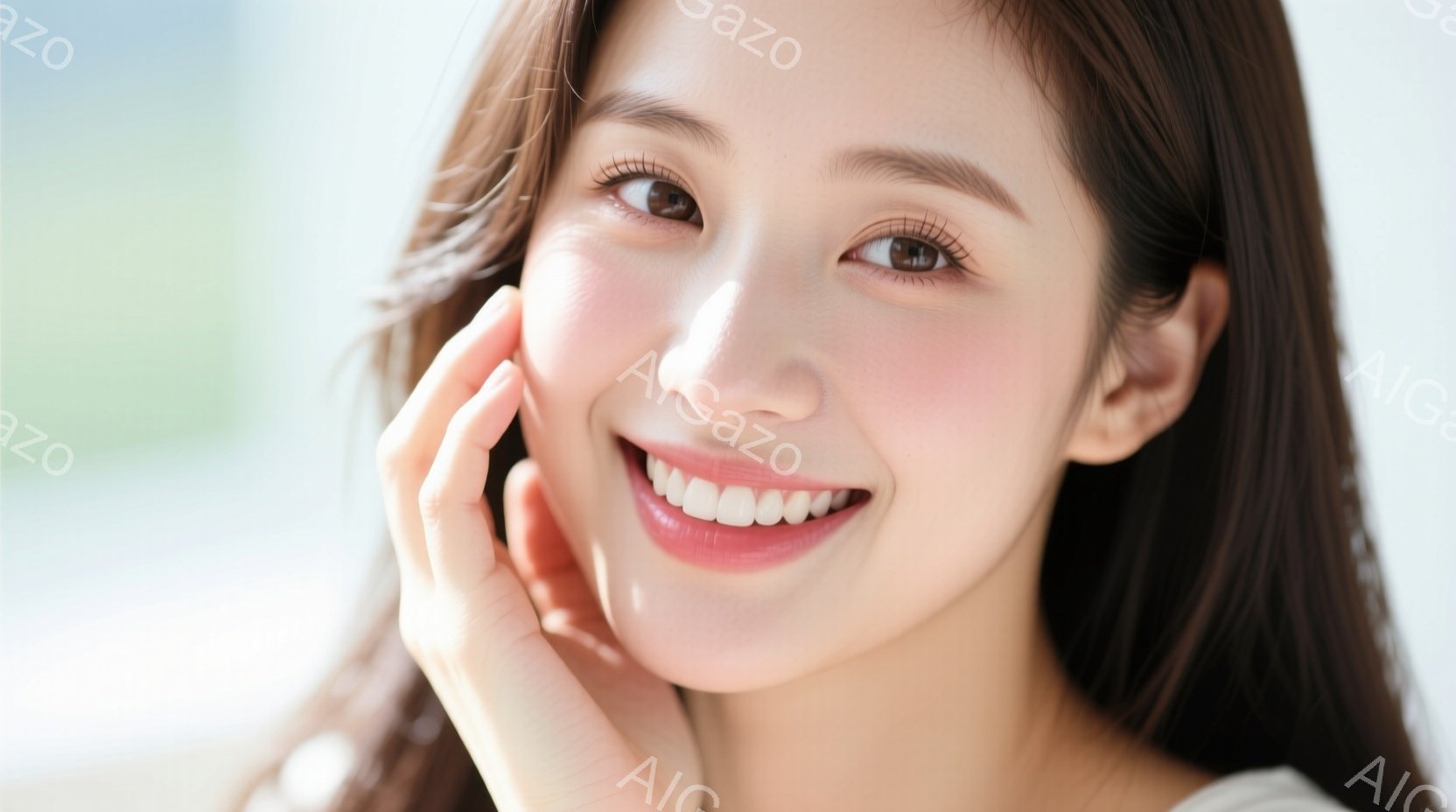 明るい笑顔を浮かべた若い女性が写っている。彼女は肩までの長さの茶髪で、白いトップスを着ている。背景はぼやけており、窓からの自然光が差し込んでいるため、全体的に柔らかく温かい雰囲気が漂っている。 - AI生成フリー素材