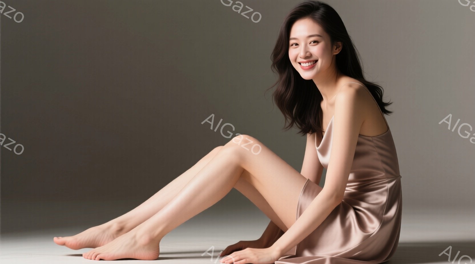 柔らかい光の中で、女性がベージュのシルクドレスを着て床に座っている。彼女は微笑んでおり、長い髪は肩にかかっている。背景は淡いグレーで、全体的に優雅でリラックスした雰囲気である。