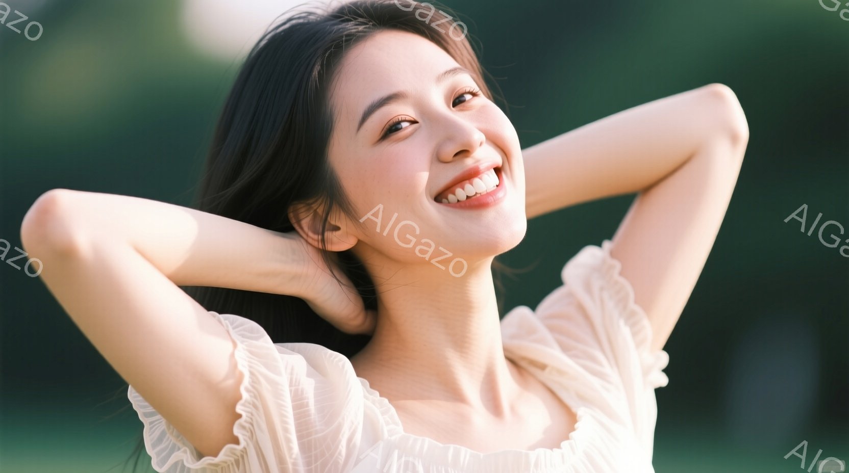 長い黒髪の女性が、クリーム色のオフショルダーのブラウスを着て微笑んでいます。彼女は両手を頭の後ろに組み、リラックスした姿勢で空を見上げています。背景には緑豊かな自然がぼやけており、晴れた日の穏やかな雰 - AI生成フリー素材