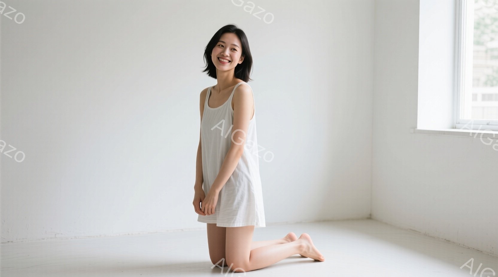 白いキャミソールワンピースを着た若い女性が、床に膝をついて座っています。彼女は微笑んでおり、黒髪は肩のあたりでカットされています。背景は白い壁と窓で、室内で自然光が差し込んでおり、シンプルで落ち着いた - AI生成フリー素材