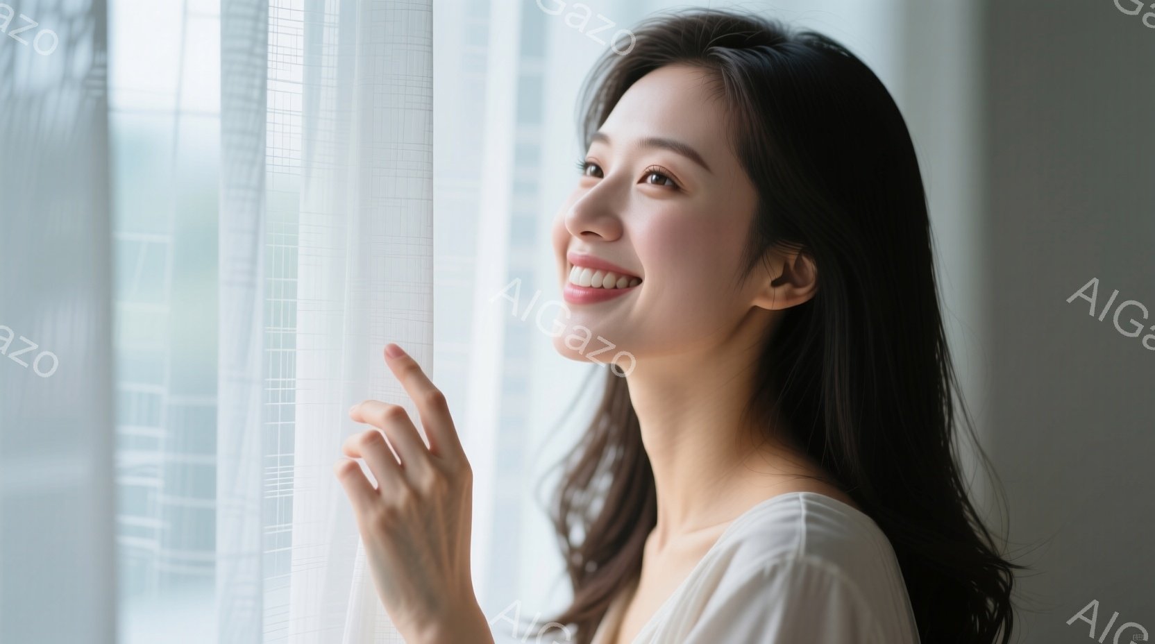 長い黒髪の女性が、白いブラウスを着て窓辺に立っています。彼女は少し上を見上げ、穏やかな笑顔を浮かべており、指で窓ガラスを軽く触れています。背景はぼやけた窓の外の景色で、日差しが柔らかく差し込み、全体的 - AI生成フリー素材