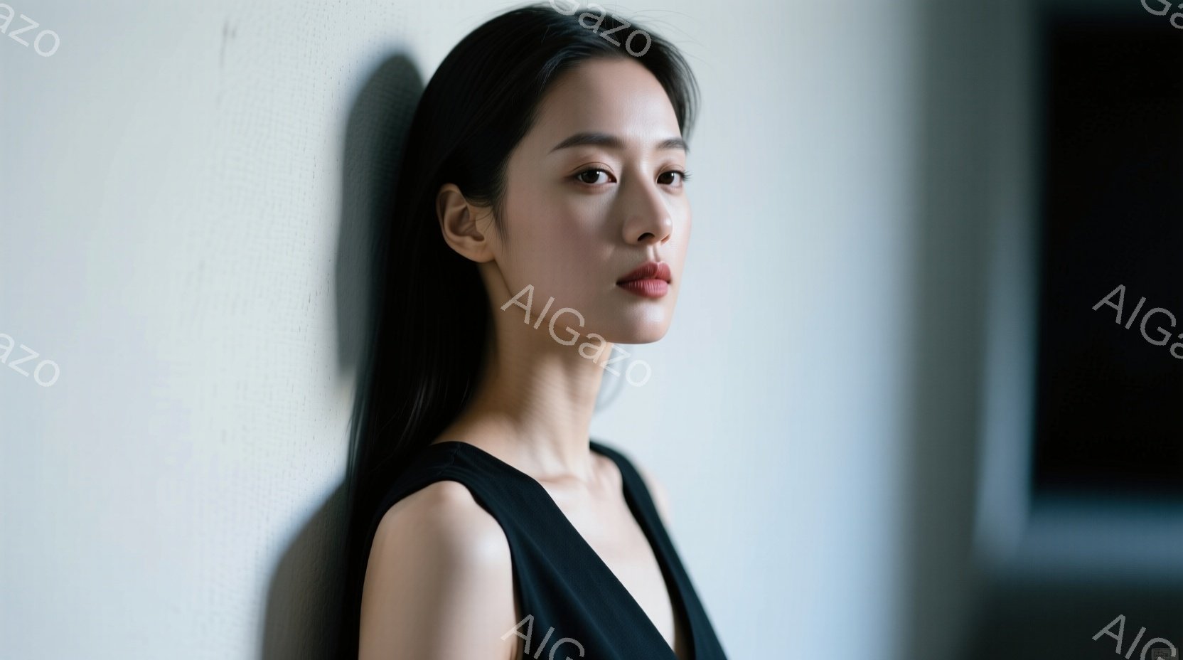 黒いキャミソールを着た若い女性が、白い壁に寄りかかって立っている。彼女は長い黒髪をストレートに垂らし、少し憂いを帯びた表情で正面を見つめている。背景は光沢のない白い壁で、左側に窓のフレームの一部が見える、全体的に静かで落ち着いた雰囲気である。