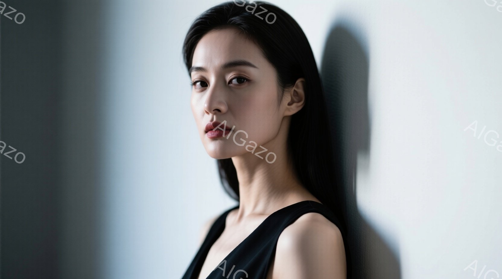黒いタンクトップを着た女性が、壁に寄りかかって立っています。彼女は長い黒髪で、憂いを帯びた表情でカメラを見ています。背景は単調なグレーで、光と影のコントラストが彼女を強調しています。
