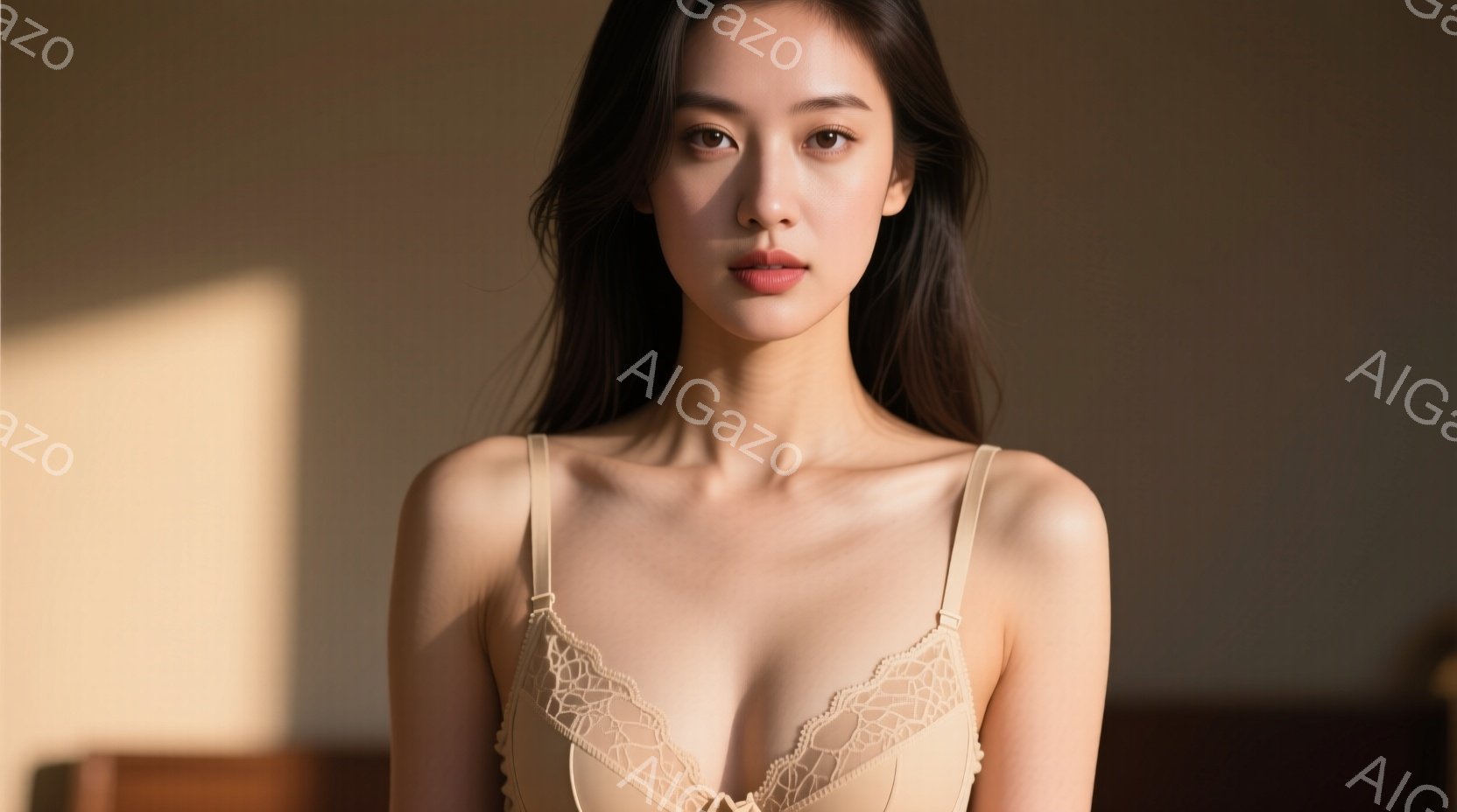 長い黒髪を肩にかけた女性が、ベージュ色の繊細なレースのブラレットを着用し、カメラを見つめています。彼女は穏やかな表情で、リラックスした姿勢で立っています。背景はぼやけていますが、暖かい光が差し込み、全 - AI生成フリー素材