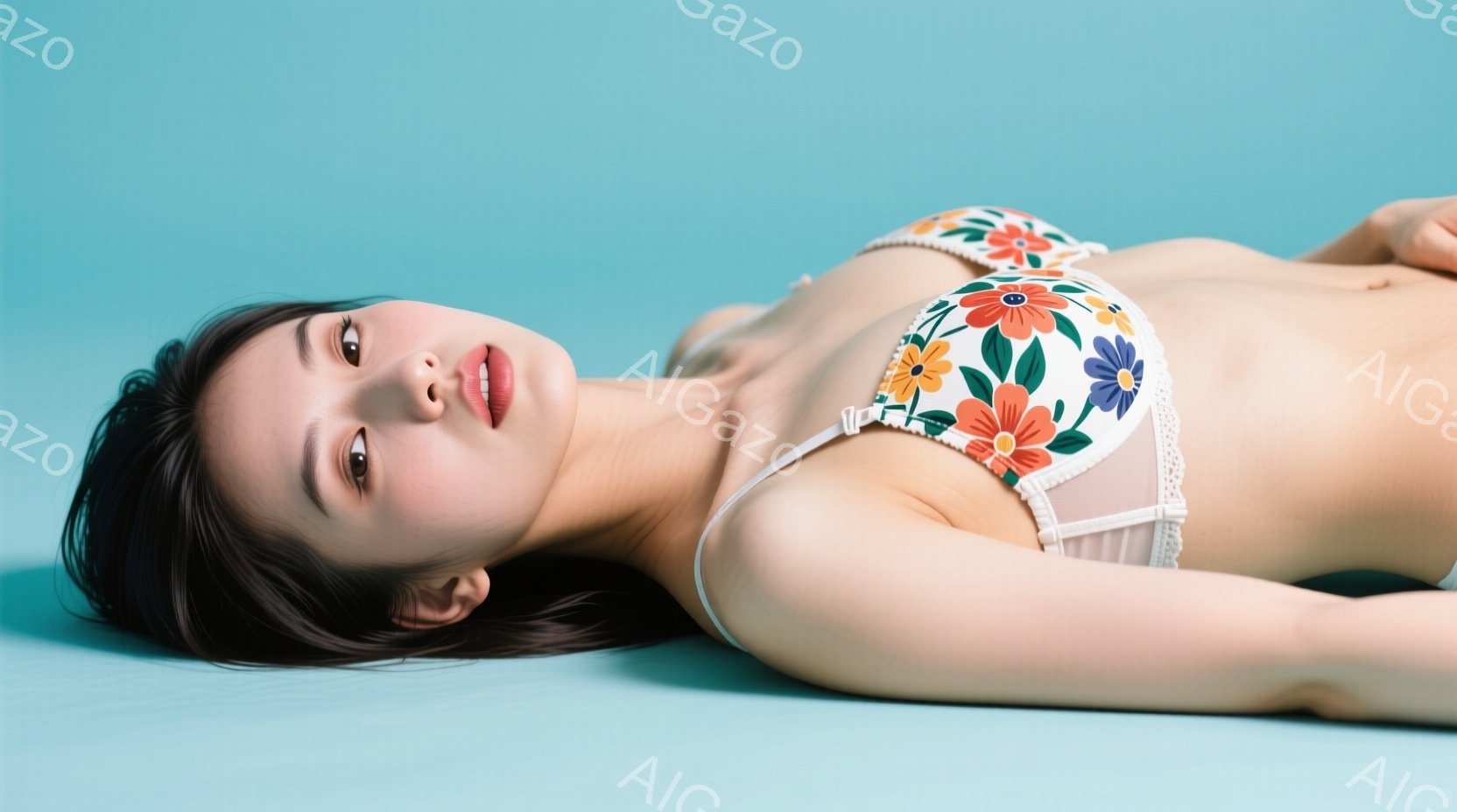 黒髪の女性が水色の背景に横たわっており、花柄のブラレットを着用しています。彼女は顔を少し傾けてカメラを見ており、穏やかな表情をしています。 全体的に柔らかく、リラックスした雰囲気が漂っています。 - AI生成フリー素材