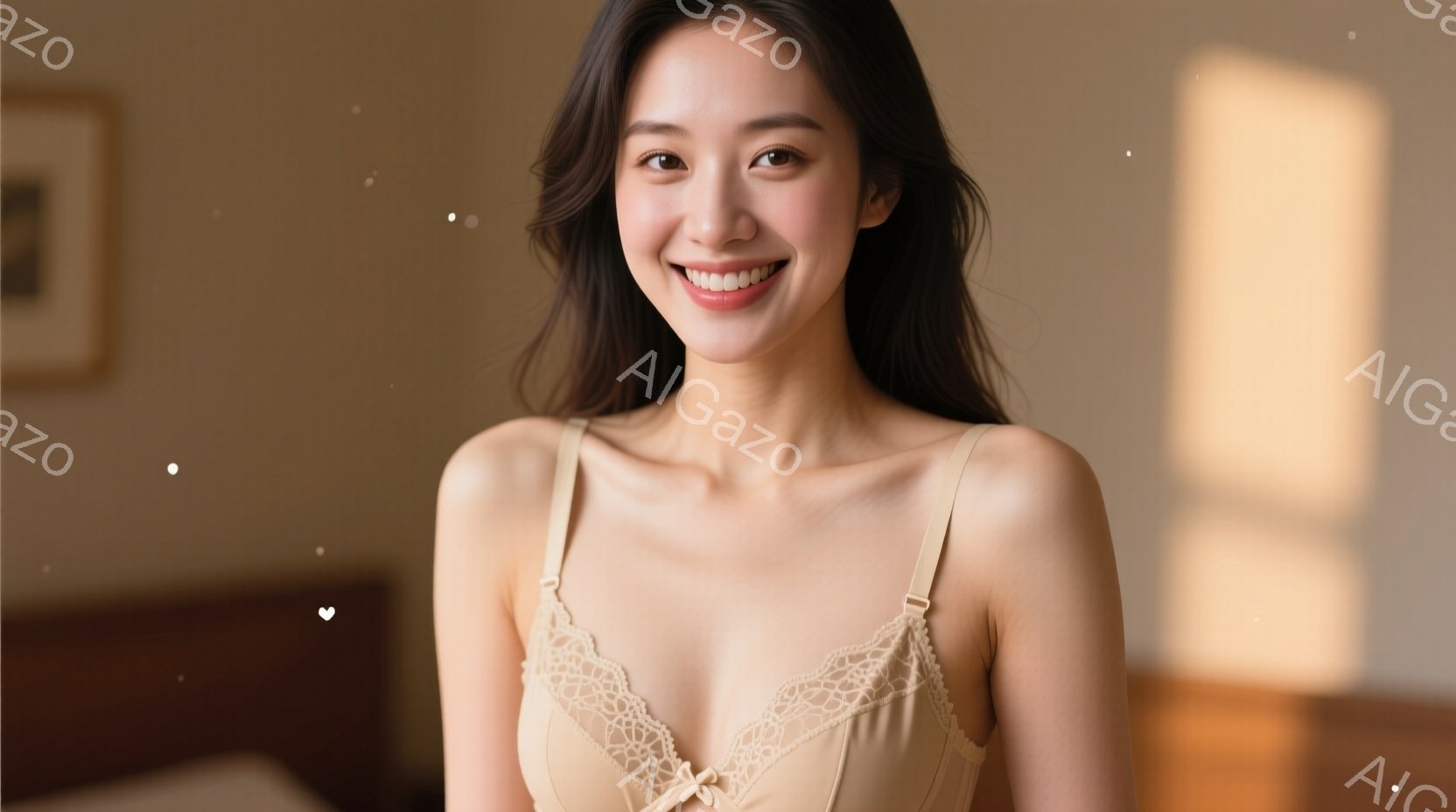 明るいベージュ色のキャミソールを着た若い女性が、微笑みを浮かべて正面を見つめています。彼女は長い黒髪を自然に垂らし、リラックスした姿勢で立っています。背景は暖色系の柔らかい光で照らされた室内で、穏やか - AI生成フリー素材