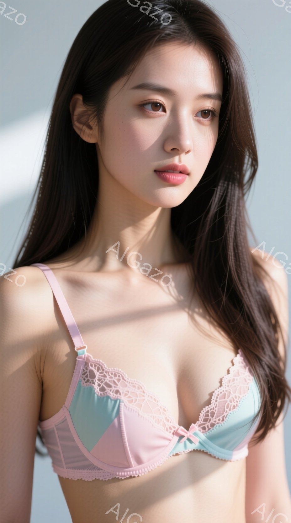 長い黒髪の女性が、パステルピンクと水色のレース装飾が施されたブラレットを着用し、カメラを見つめています。彼女はわずかに微笑み、優雅で落ち着いた表情を浮かべています。背景は白く、シンプルなため、女性が際 - AI生成フリー素材