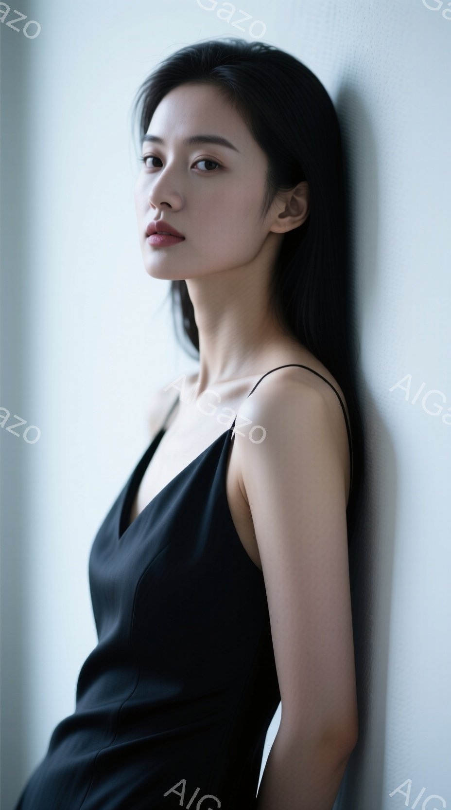 長い黒髪を肩にかける女性が、白い壁に寄りかかって立っている。彼女は黒いキャミソールドレスを着ており、落ち着いた表情で正面を見つめている。背景は均一な白で、人物に焦点が当てられており、洗練された雰囲気を作り出している。