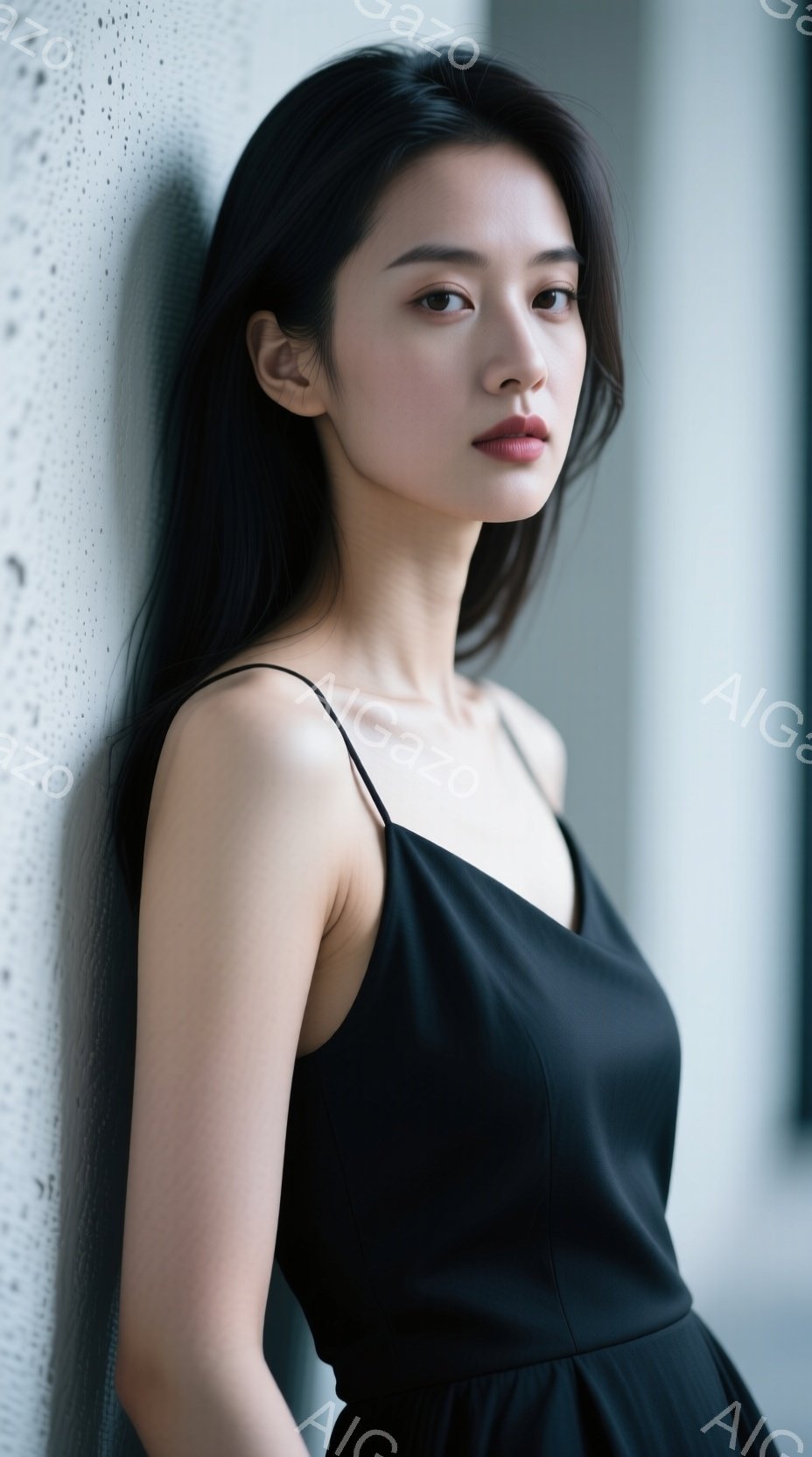 黒いキャミソールワンピースを着た若い女性が、壁にもたれて立っています。彼女は長い黒髪で、やや憂いを帯びた表情をしています。背景はコンクリート調の壁で、全体的に落ち着いた、洗練された雰囲気です。