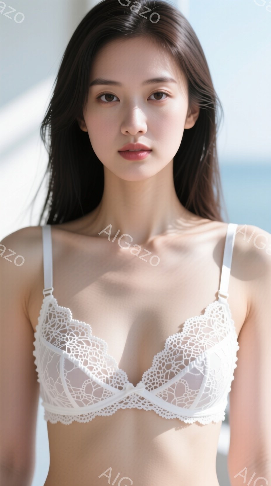 彼女は白いレースのブラレットを身につけ、長い黒髪を肩に垂らしています。正面をまっすぐ見つめ、少し微笑んでいるように見え、その表情は穏やかで上品です。背景は明るい室内で、窓から差し込む光が彼女を照らし、 - AI生成フリー素材