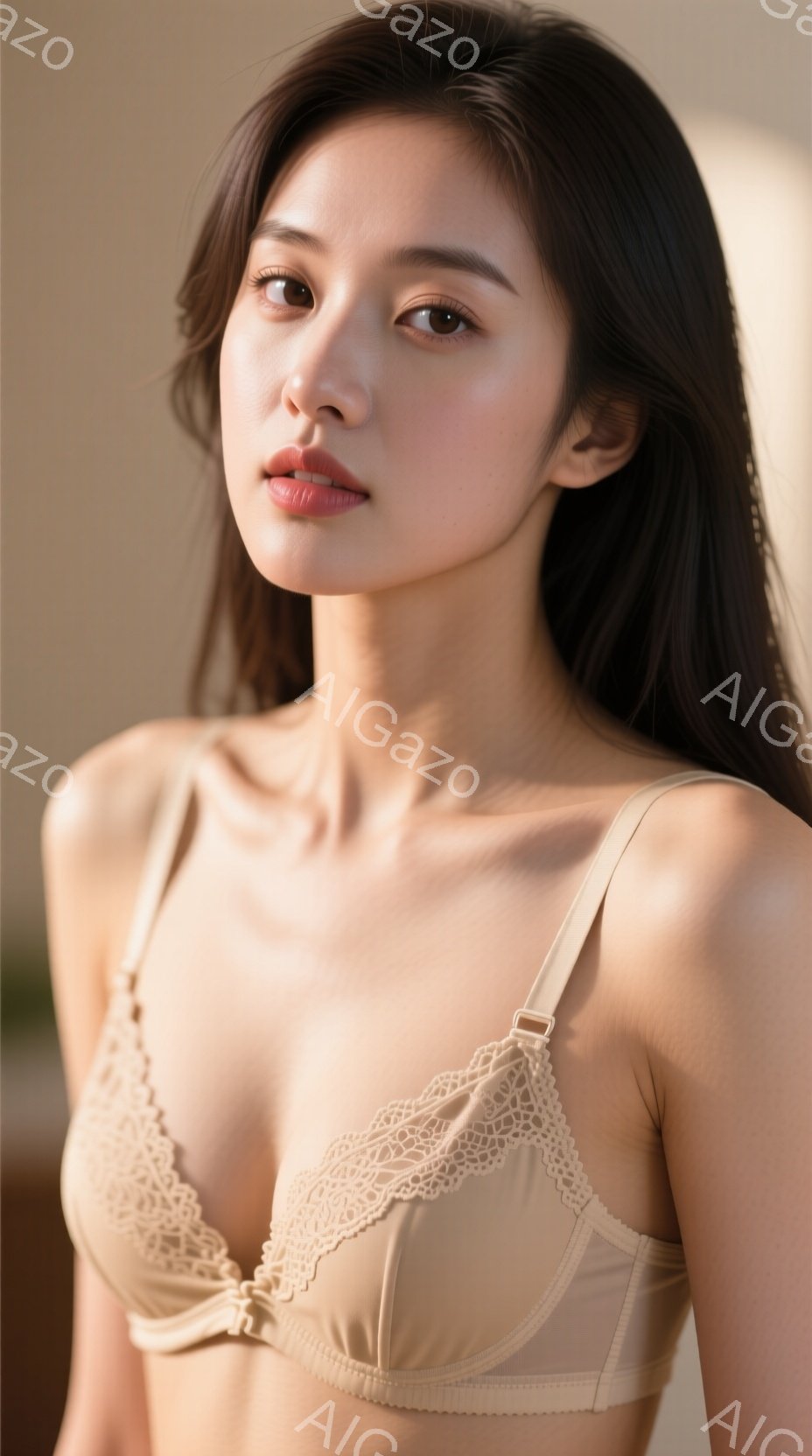 長い黒髪をセンターパートにした女性が写っている。ベージュのレースが施されたブラレットを着用し、やや微笑んでいる。背景はぼやけており、温かみのある自然光が彼女を照らしているため、リラックスした雰囲気であ - AI生成フリー素材