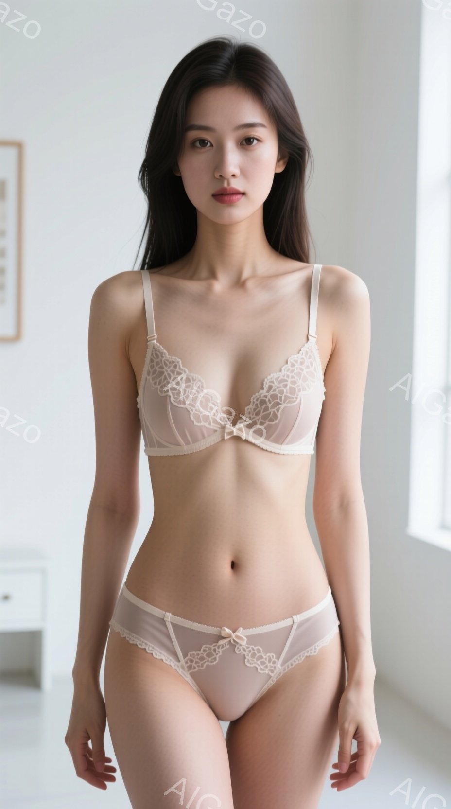 長い黒髪の女性が、ベージュ色の繊細なレースのブラとショーツ姿で立っています。彼女はまっすぐ前を向き、穏やかな表情を浮かべており、姿勢も自然です。背景は明るい室内で、窓からの自然光が差し込み、全体的に柔 - AI生成フリー素材