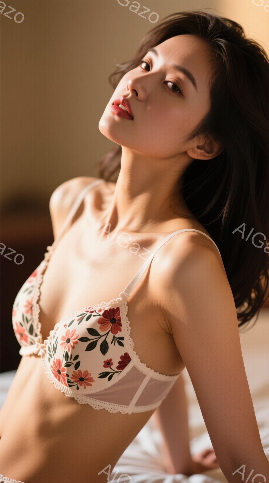 長い黒髪の女性が、白い花柄のブラレットを身に着けて横たわっています。彼女は少し上向きに顔を上げ、口を開けて控えめな表情をしています。背景はぼやけていますが、白いベッドシーツが確認でき、全体的に柔らかく - AI生成フリー素材