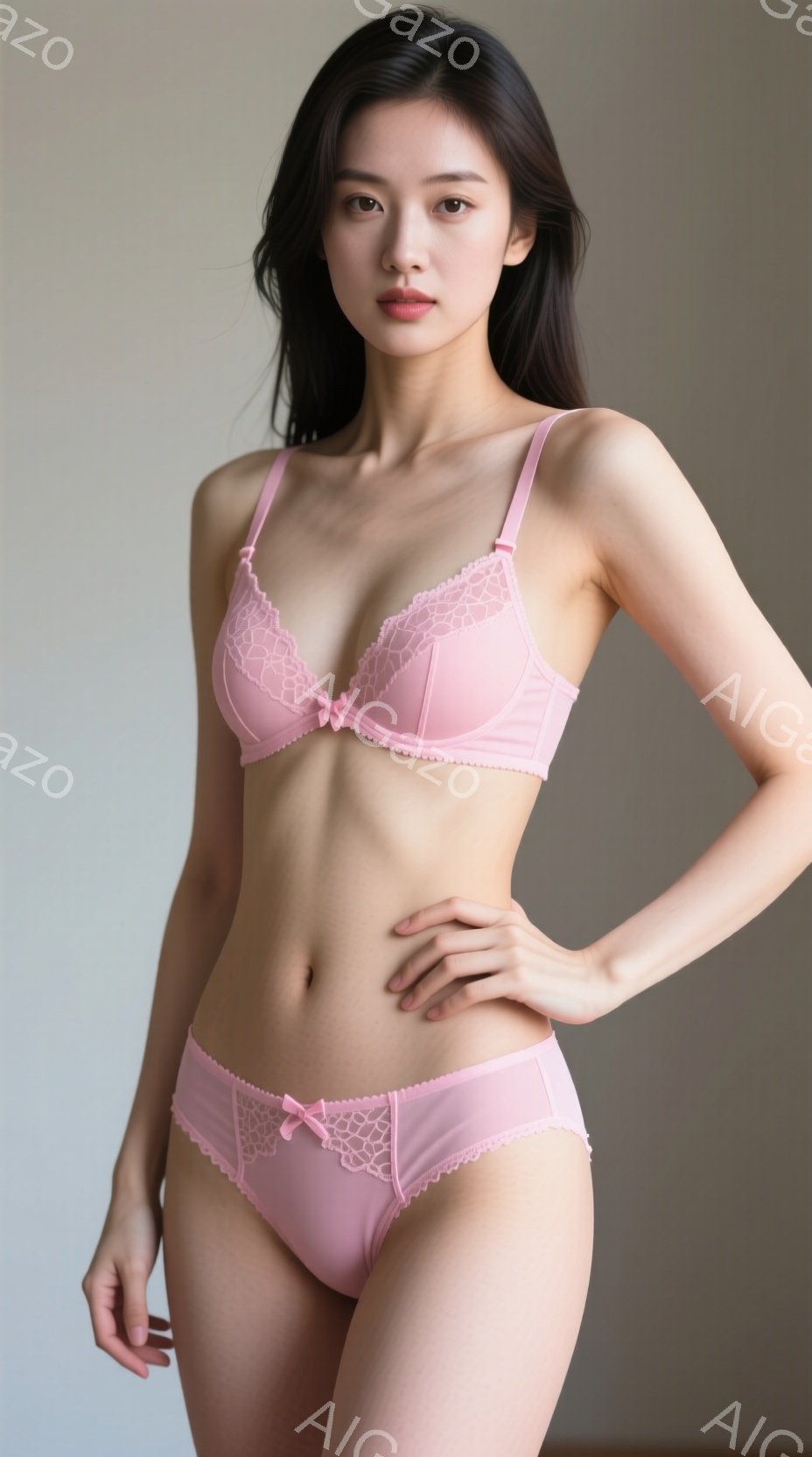 長い黒髪の女性が、薄いピンク色のランジェリーセットを身に着けて立っています。彼女はわずかに微笑み、片手を腰に当て、もう片手を前に伸ばした、自信に満ちた姿勢をとっています。背景は淡いベージュで、全体的に - AI生成フリー素材